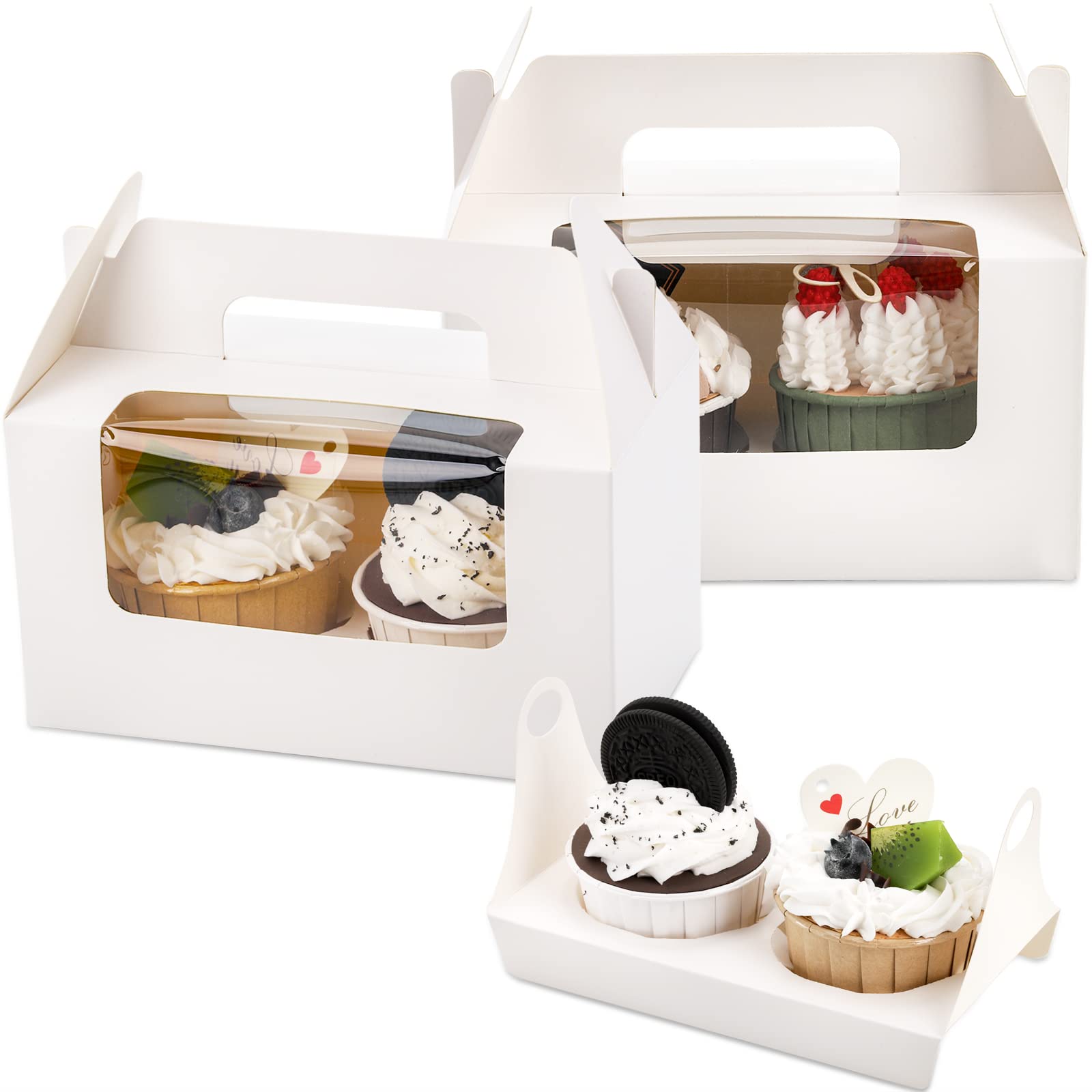 Jucoan 60 Pack White Cupcake Boxes with Insert, Handle & Window - 2 Holder Kraft Paper Bakery Containers for Cupcakes, Muffins, Pastries | Perfect for Birthday Parties, Weddings & Bakery Packaging