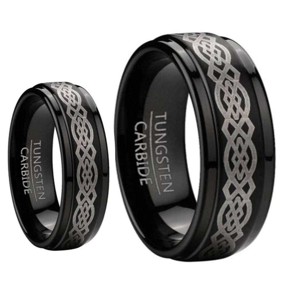 9MM & 7MM Step Edge Black Enamel Celtic Knot Tungsten Carbide Wedding Rings for Men & Women - Free Engraving - Perfect for Anniversaries, Engagements & Couple Matching Bands