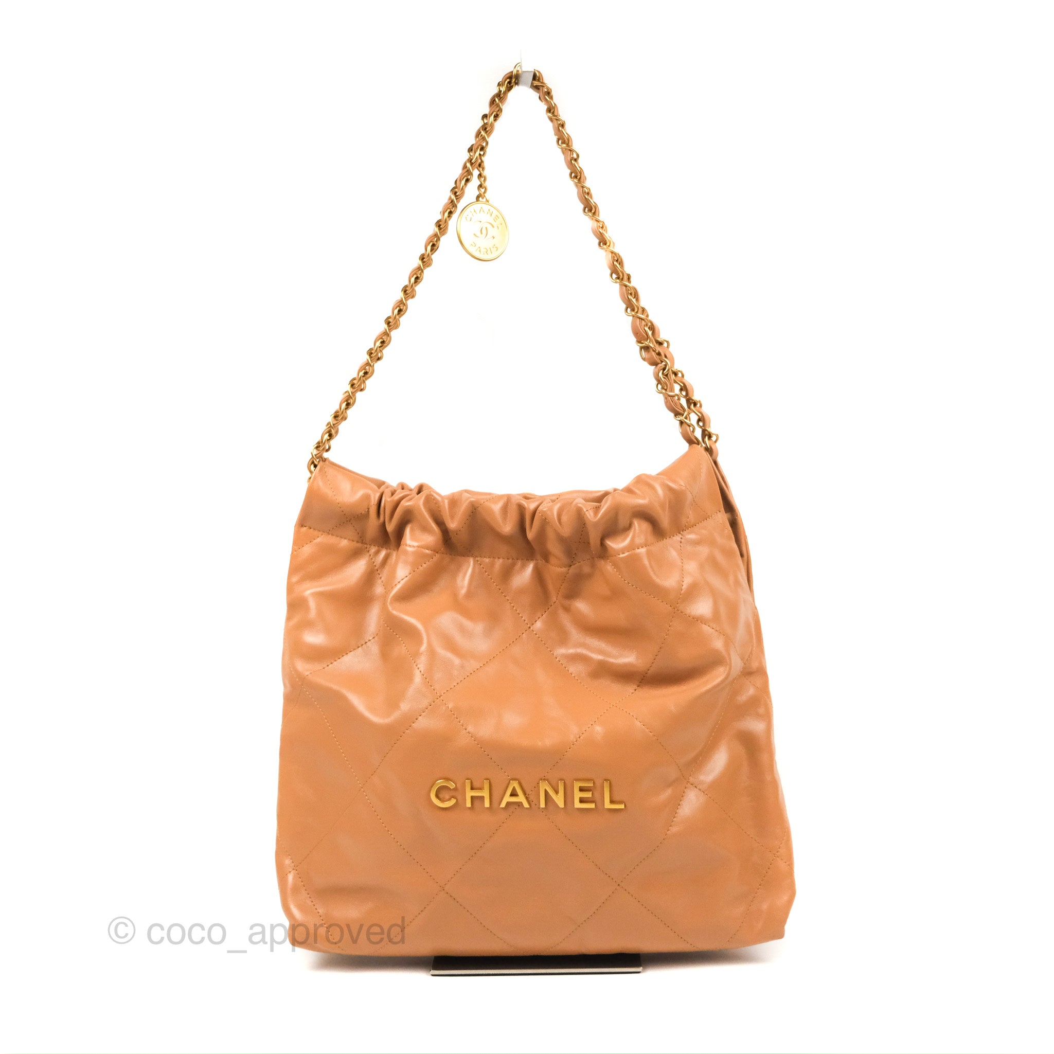 Chanel 22 Small Handbag in Caramel Beige Shiny Calfskin Leather with Aged Gold Hardware - Perfect for Everyday Use & Luxury Fashion Accessories