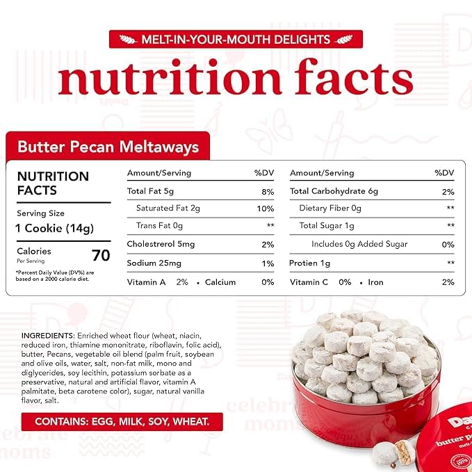 Davids Butter Pecan Meltaway Cookies - Crunchy Pecans & Powdered Sugar in Round Tin | All-Natural, Kosher Certified | 1-Pack or 2-Pack Options | Perfect for Gifts, Parties & Holiday Treats