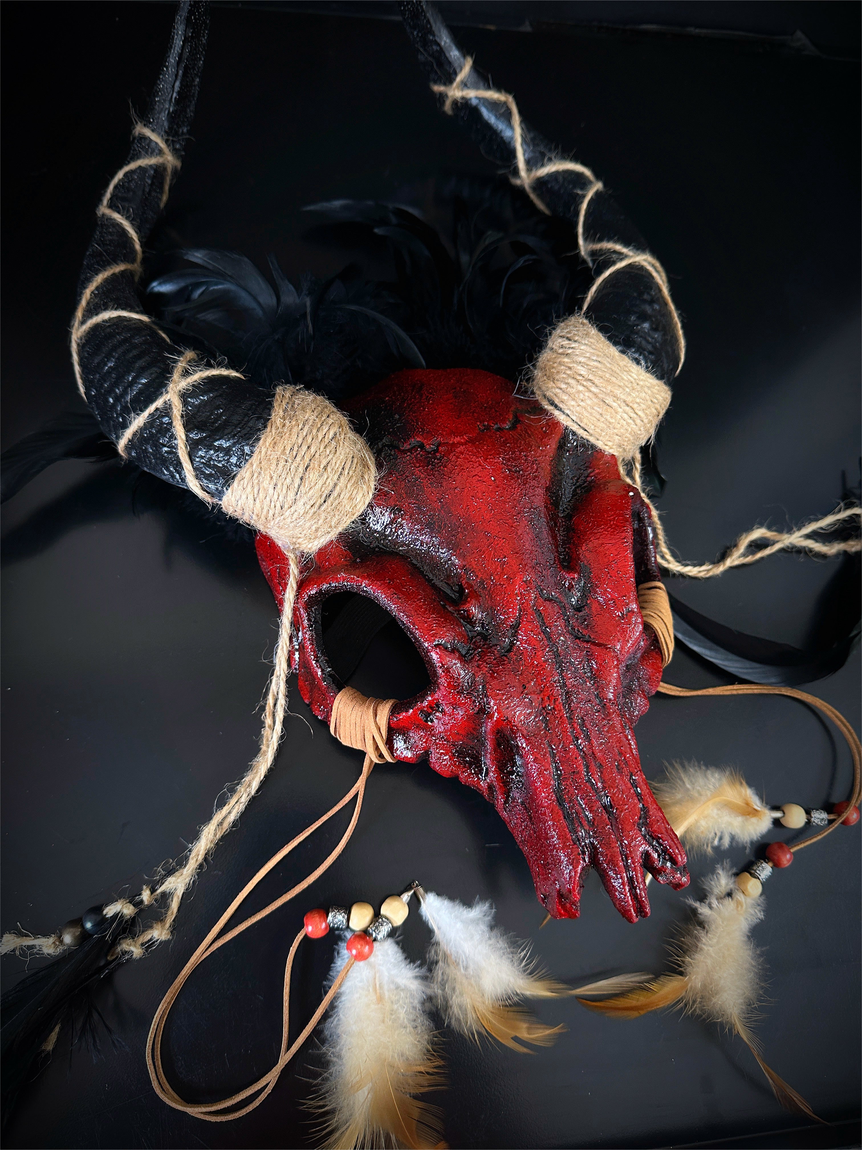 Faux Skull Headdress - Bloody Red Tribal Costume Accessory for Halloween, Cosplay, and Themed Parties