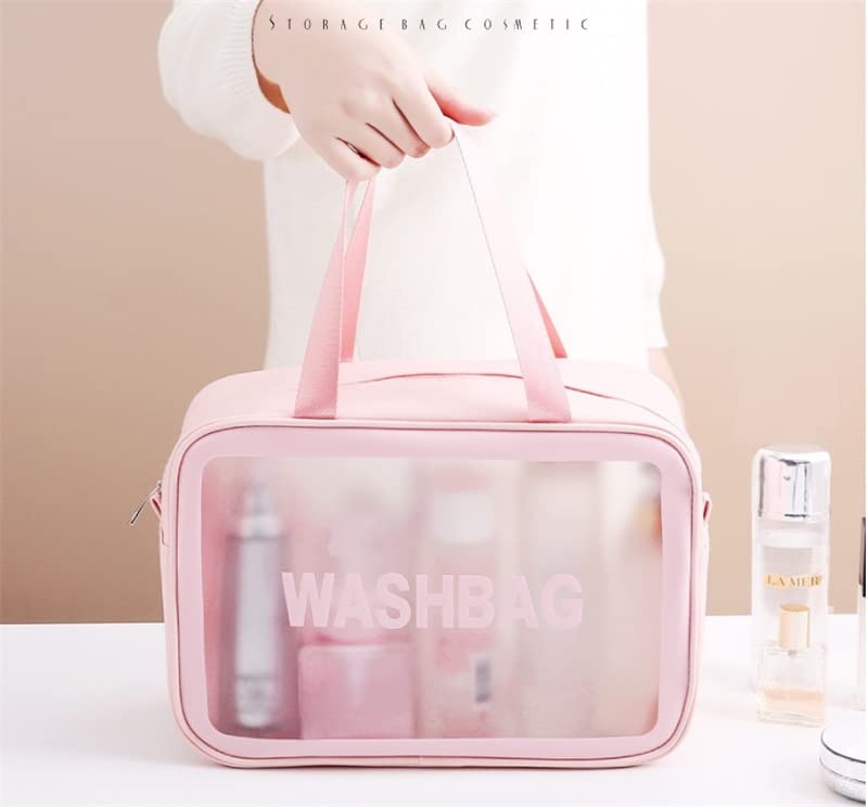 TREXEE Clear Makeup Pouch Set of 3 - Waterproof Travel Toiletry Bag & Cosmetic Organizer for Women - Portable Clear Cosmetic Storage Bags for Makeup, Skincare, Jewelry (Pink) - Perfect for Travel, Gym, and Daily Organization