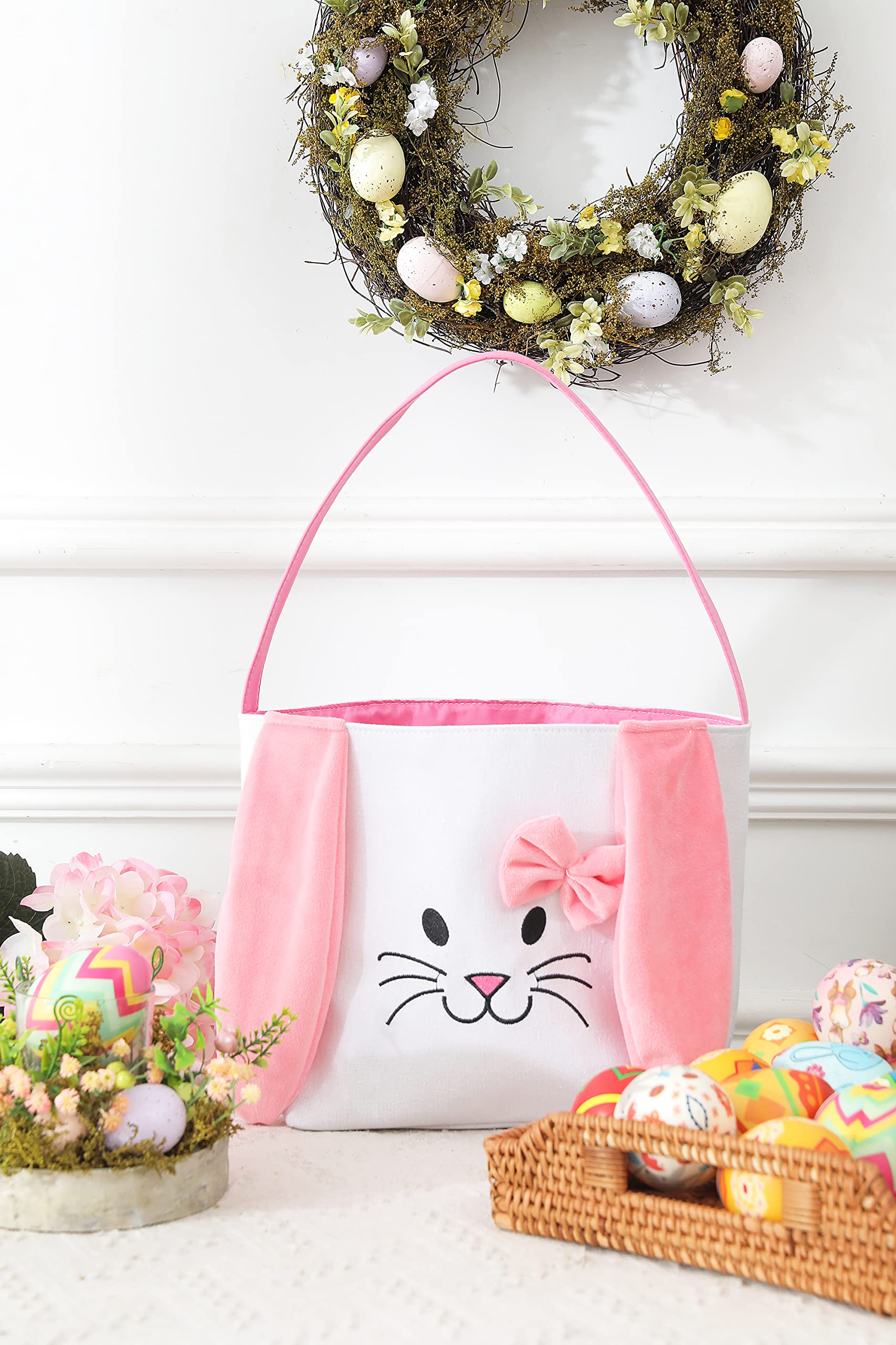 Easter Baskets for Kids - Boys and Girls Easter Egg Hunt Baskets, Cute Bunny Printed Canvas Gift Basket for Toddlers, Easter Party Decorations and Supplies (Pink & Blue) - Perfect for Easter Egg Hunts, Spring Celebrations, and Holiday Gift Giving
