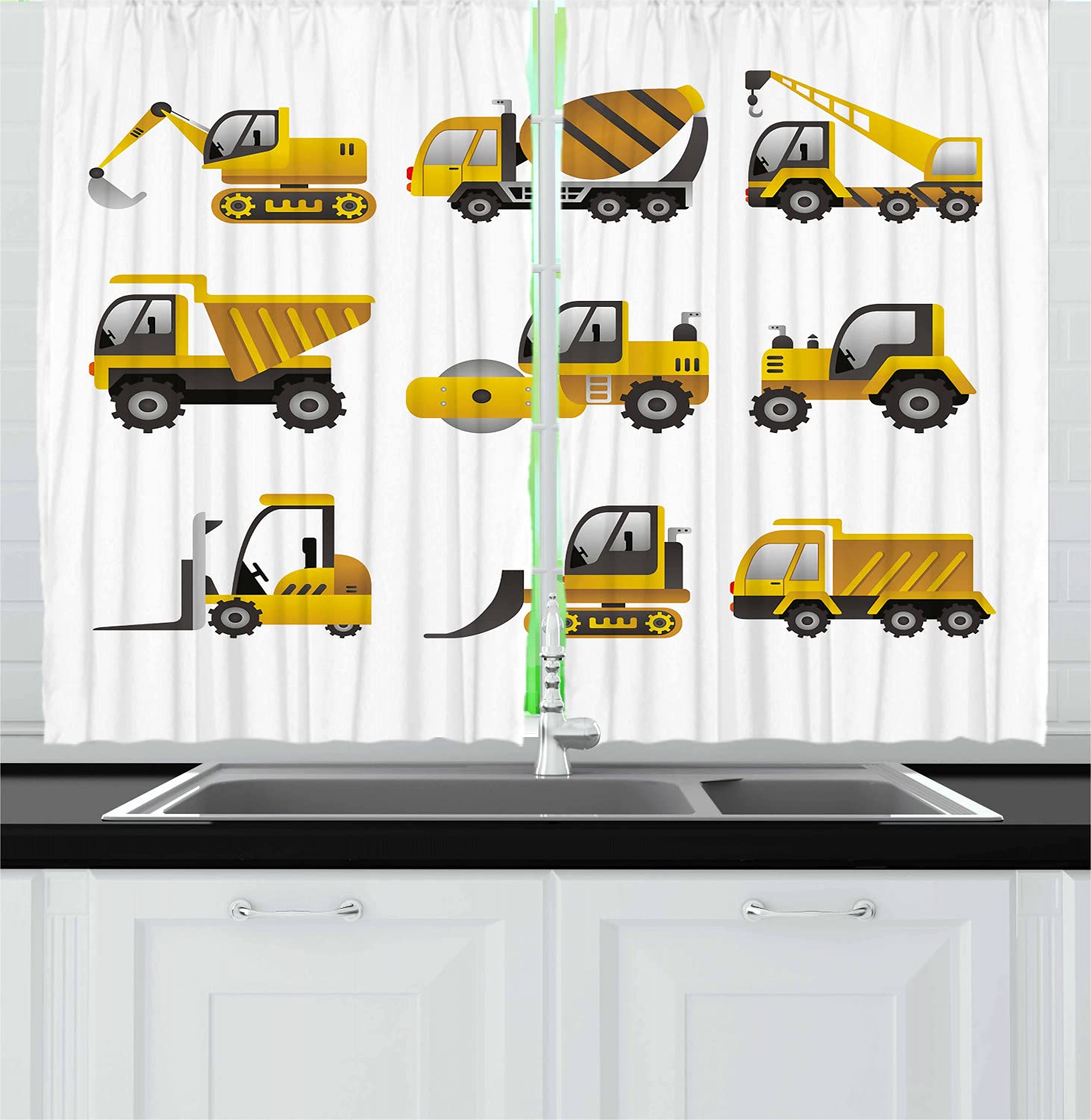 Ambesonne Construction Theme Kitchen Curtains - Big Vehicles & Engineering Building Pattern, 2 Panel Set for Windows, 55