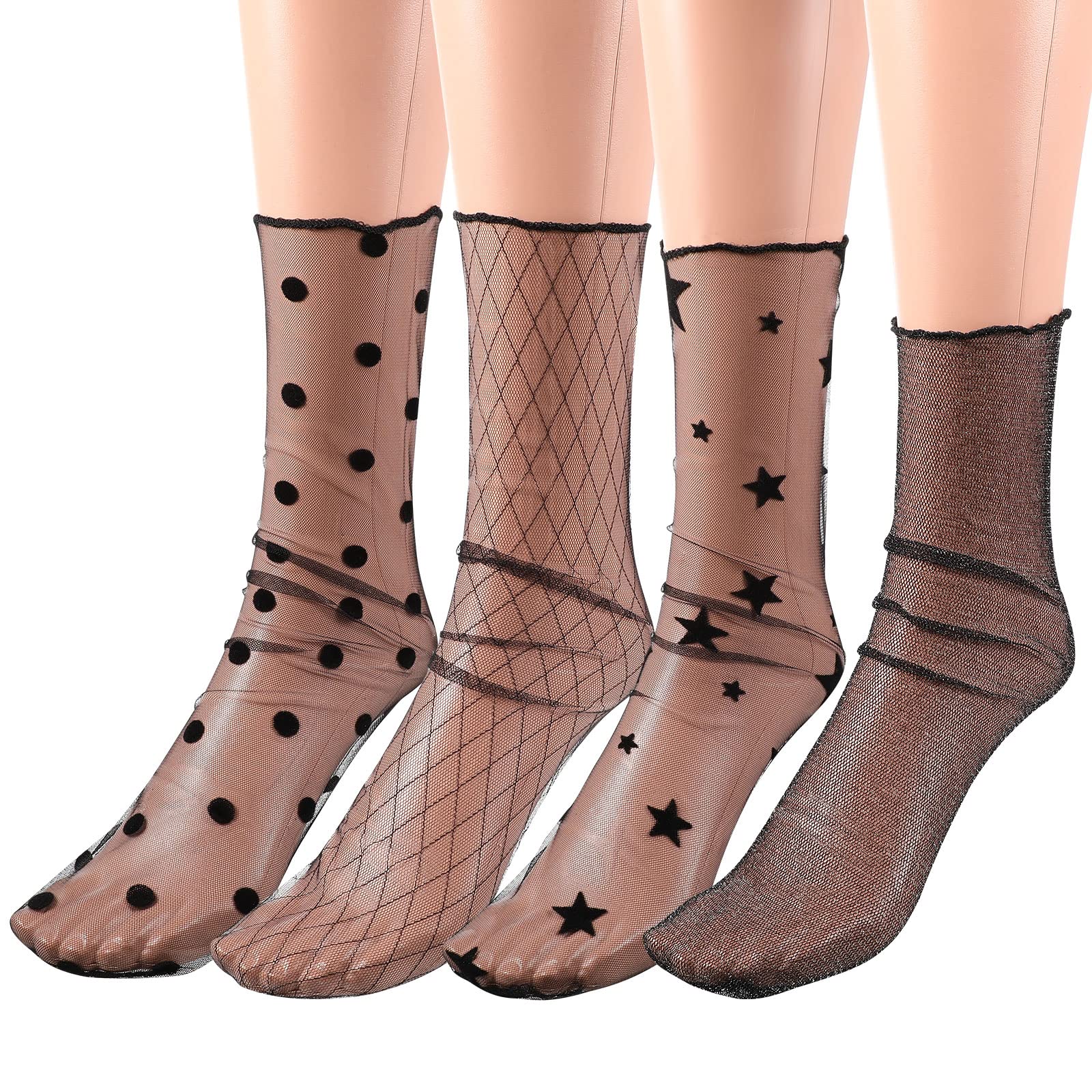 Bestoyard 4 Pairs Women's Sheer Lace Ankle Socks - Breathable Slouch Socks for Casual Wear, Work & Date Night - Black, Medium Size (US 6-9)