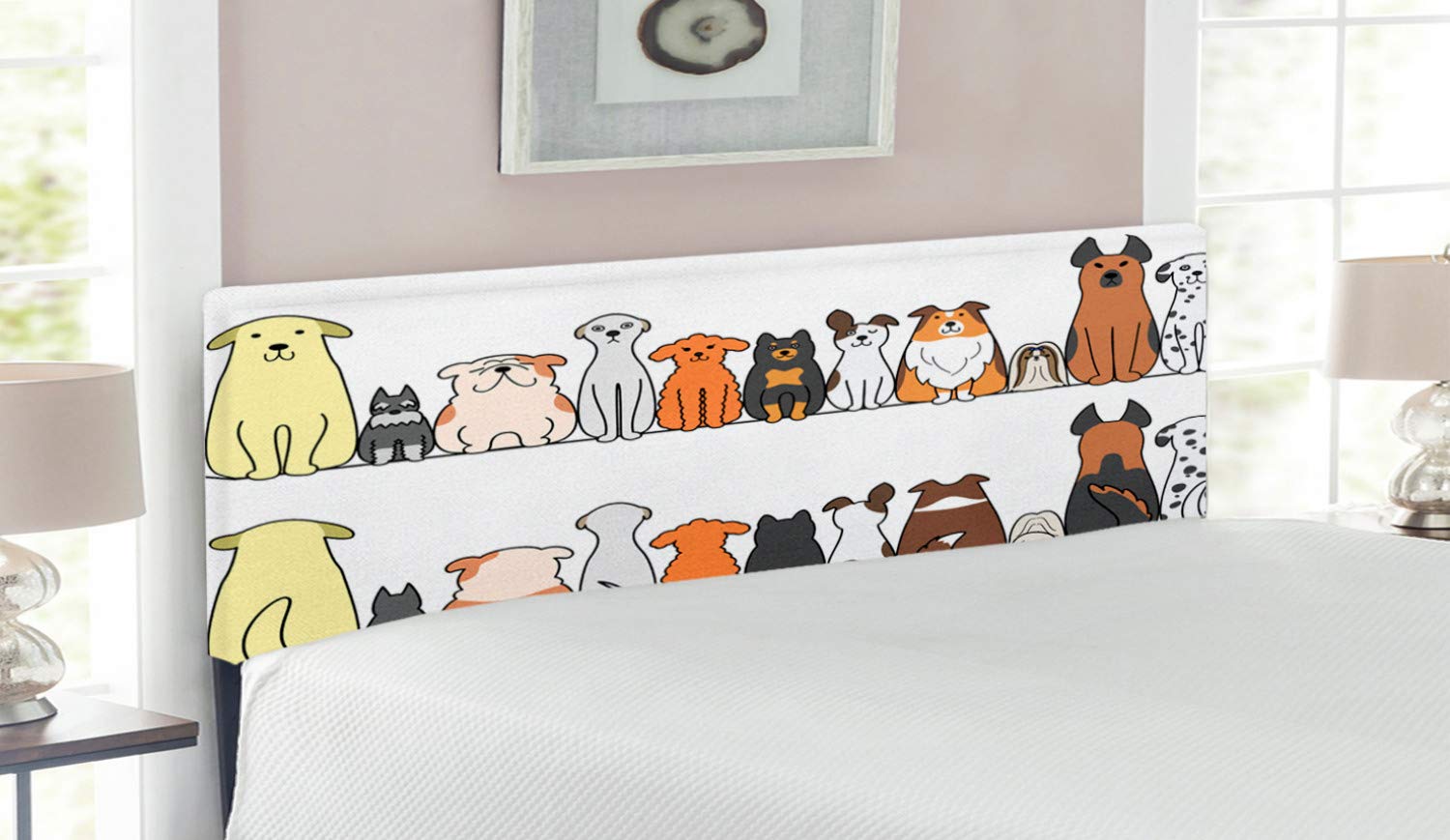 Ambesonne Dog Headboard - Upholstered Decorative Metal Bed Frame with Memory Foam, Queen Size, Yellow Brown | Multicultural Dog Family Design from Front & Back Views | Perfect for Pet Lovers' Bedroom Decor