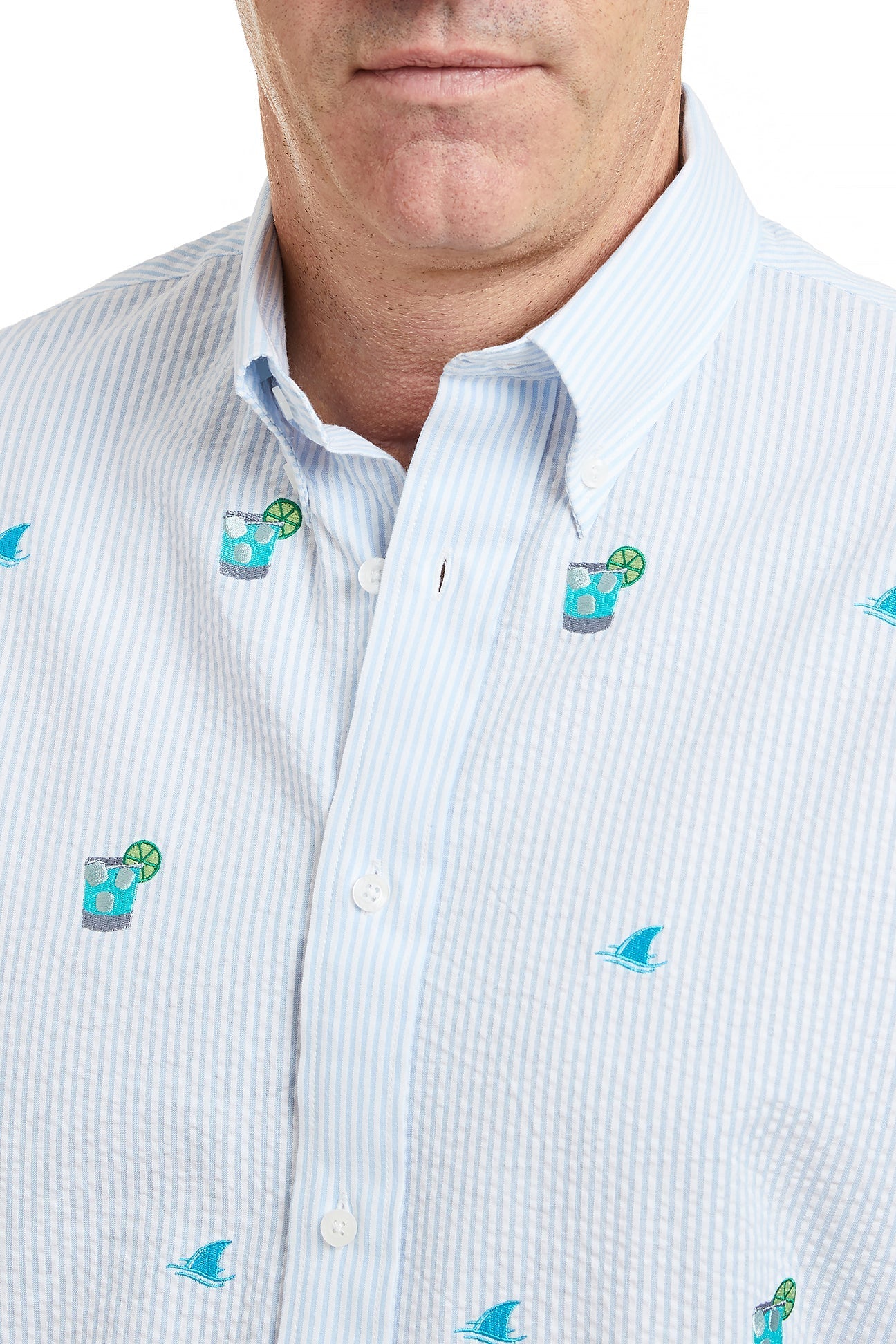 Chase Shirt Blue Seersucker with Fin & Tonic - Stylish Men's Casual Button Down Shirt for Summer Beach & Outdoor Parties