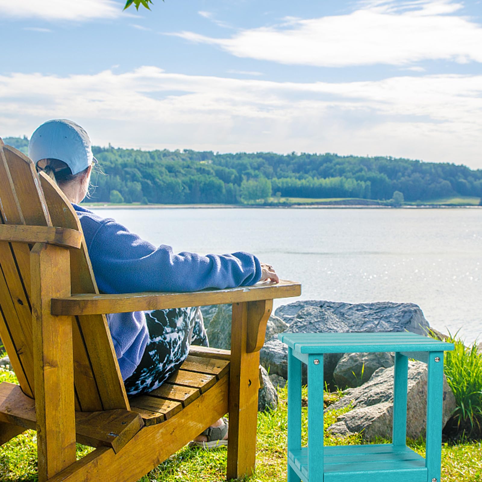 **DAILYLIFE Outdoor Side Table - HDPE Square Plastic Patio End Table for Indoor & Outdoor Use, Weatherproof & Low Maintenance (Aqua, Double Layer) - Perfect for Poolside, Garden, Deck & Patio Furniture**