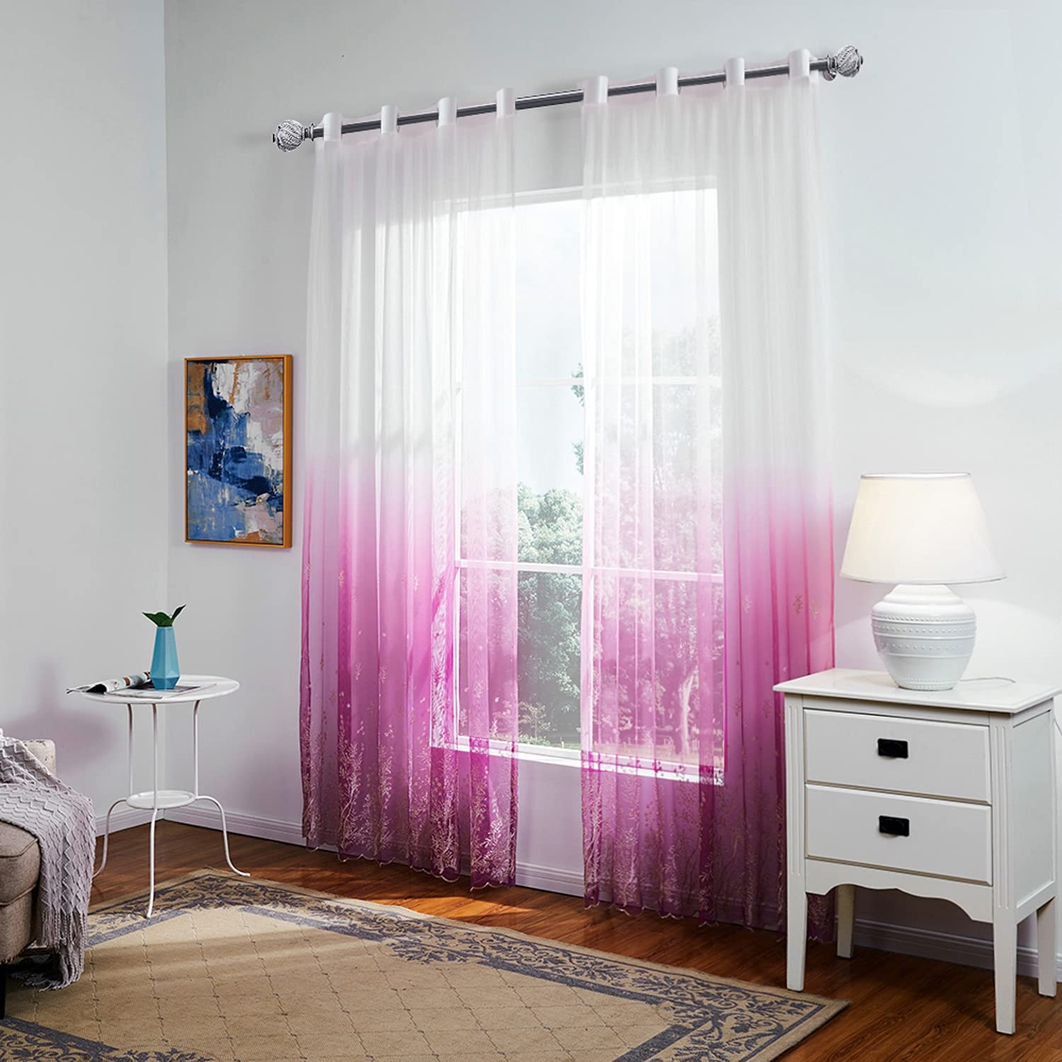 Hofamplly Red Sheer Curtains 63 Inch Length Silver Tree Branch Sheer Grommet Curtains Set - Semi Sheer Window Drapes for Bedroom, Living Room, Kitchen - 2 Panels 100