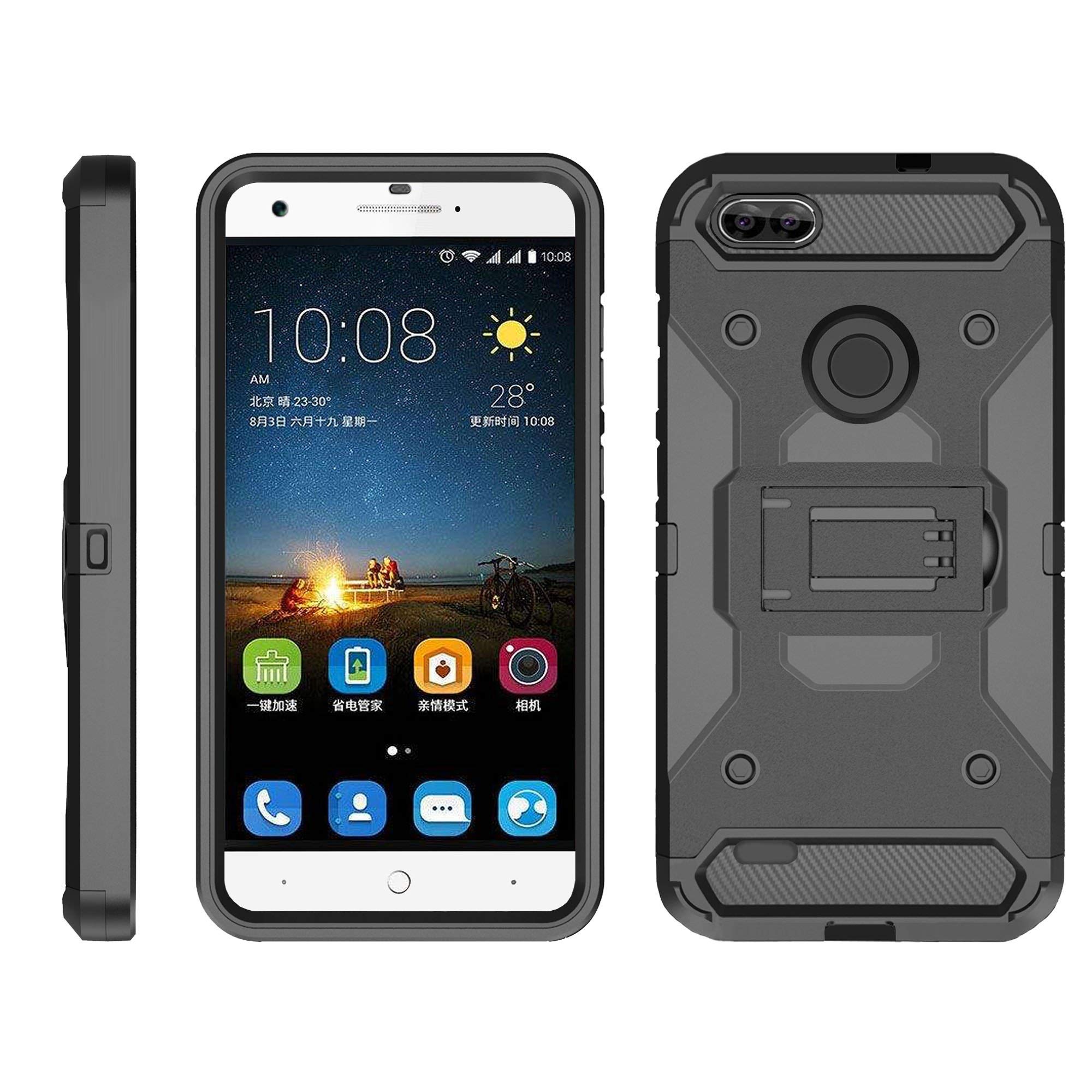 TurtleArmor ZTE Blade X Case & ZTE Blade Force Case - Full Body Armor Hybrid Kickstand Holster with Belt Clip | Shockproof Protective Cover for Women & Men | Perfect for Outdoor Activities, Work & Travel - Black