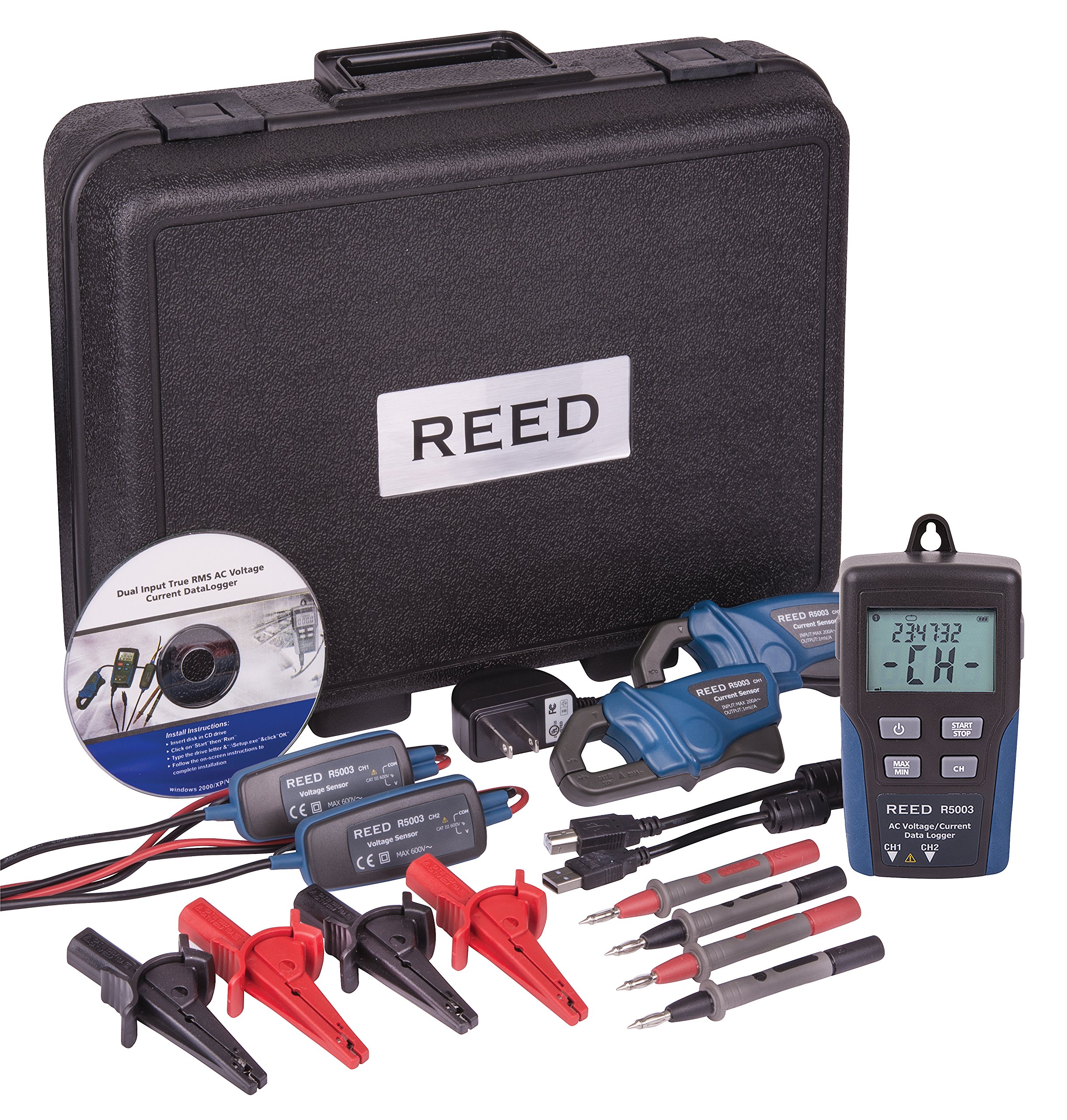 REED Instruments R5003 Dual Input True RMS AC Voltage Current Datalogger Meter - Professional Electrical Testing for HVAC, Industrial Equipment & Power Monitoring