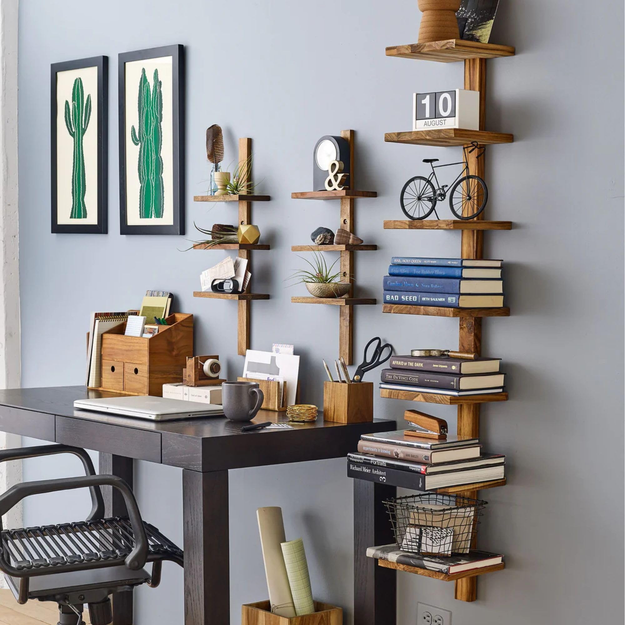 8-Shelf Floating Wall Shelves - Solid Teak Wood Column Shelving Unit for Living Room, Bedroom & Office Storage | Takara Large Wooden Wall Mount Shelves for Books, Plants & Decor