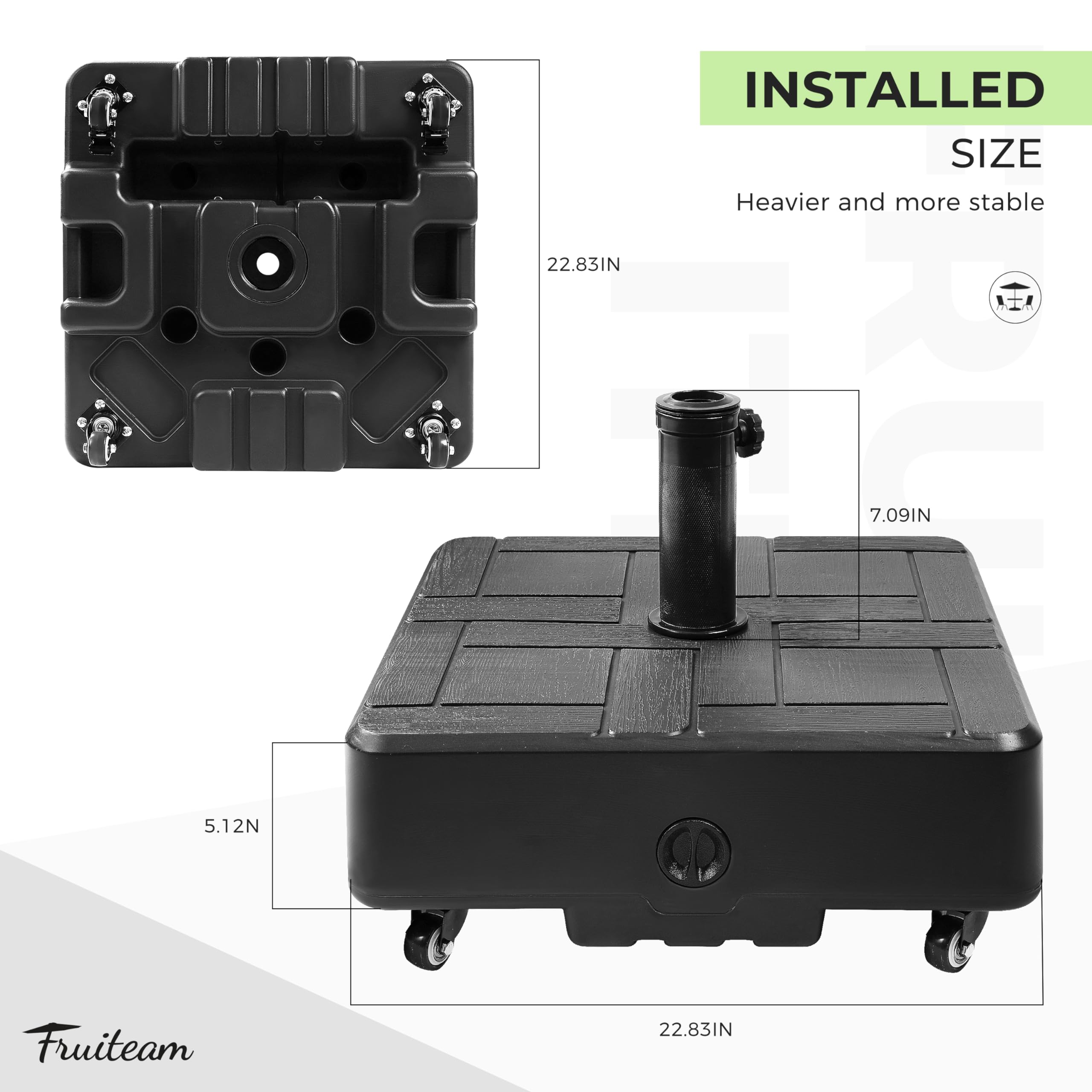 FRUITEAM 155lb Heavy Duty Fillable Portable Umbrella Base with 4 Wheels - Wind-Resistant Square Market Stand for Patio, Deck & Outdoor Use - Includes 2 Locks & 1 Knob - Perfect for Commercial Events, Backyard BBQs and Beach Parties