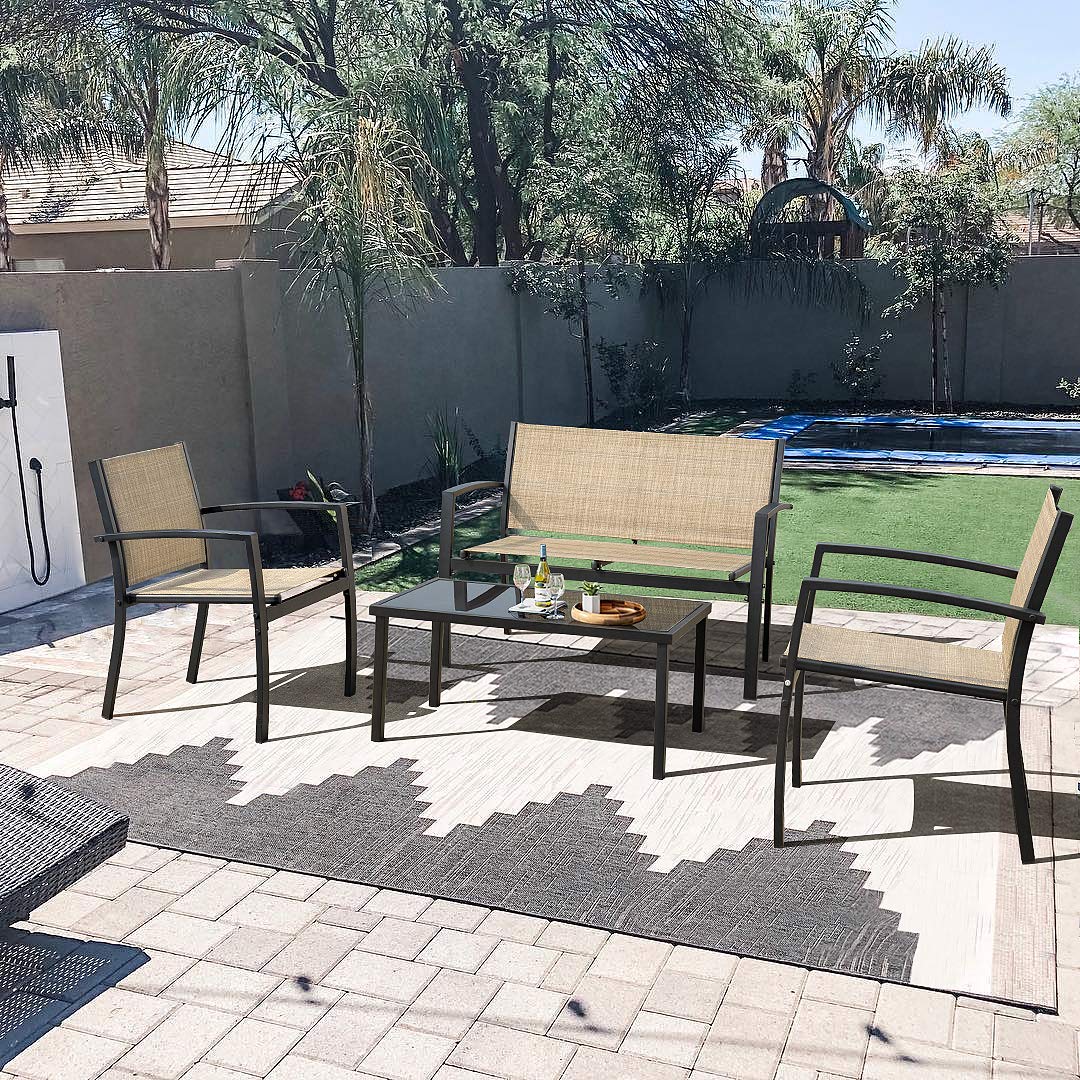 JUMMICO 4-Piece Modern Patio Furniture Set - Outdoor Garden Conversation Bistro Set with Glass Coffee Table for Porch, Lawn, Backyard (Yellow) | Perfect for Relaxing, Entertaining & Outdoor Dining