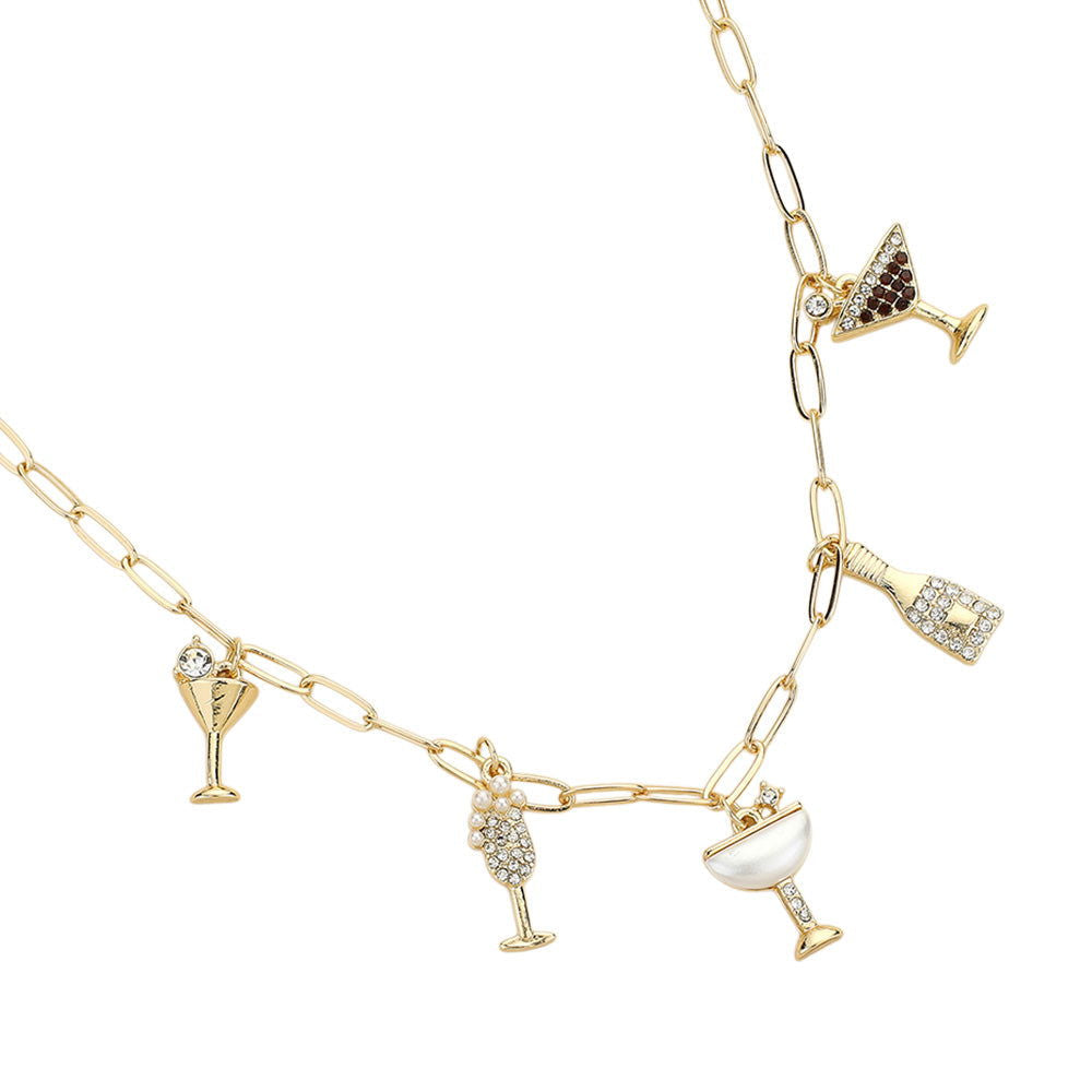 Elegant Gold-Plated Cocktail Glass Bottle Charm Paperclip Chain Necklace - Perfect for Parties, Bridal Showers & Evening Events
