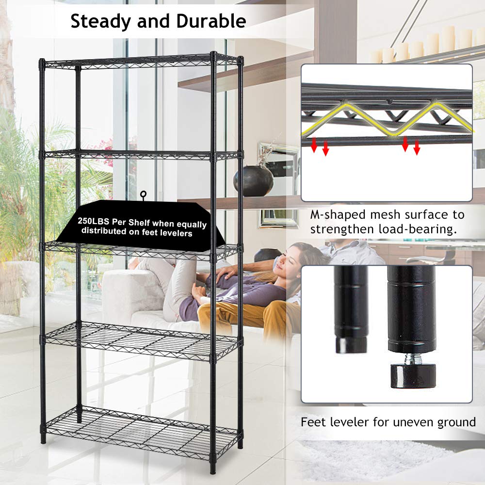 5-Tier Adjustable Heavy Duty Metal Storage Shelves - 250 Lbs Capacity Per Shelf, 36