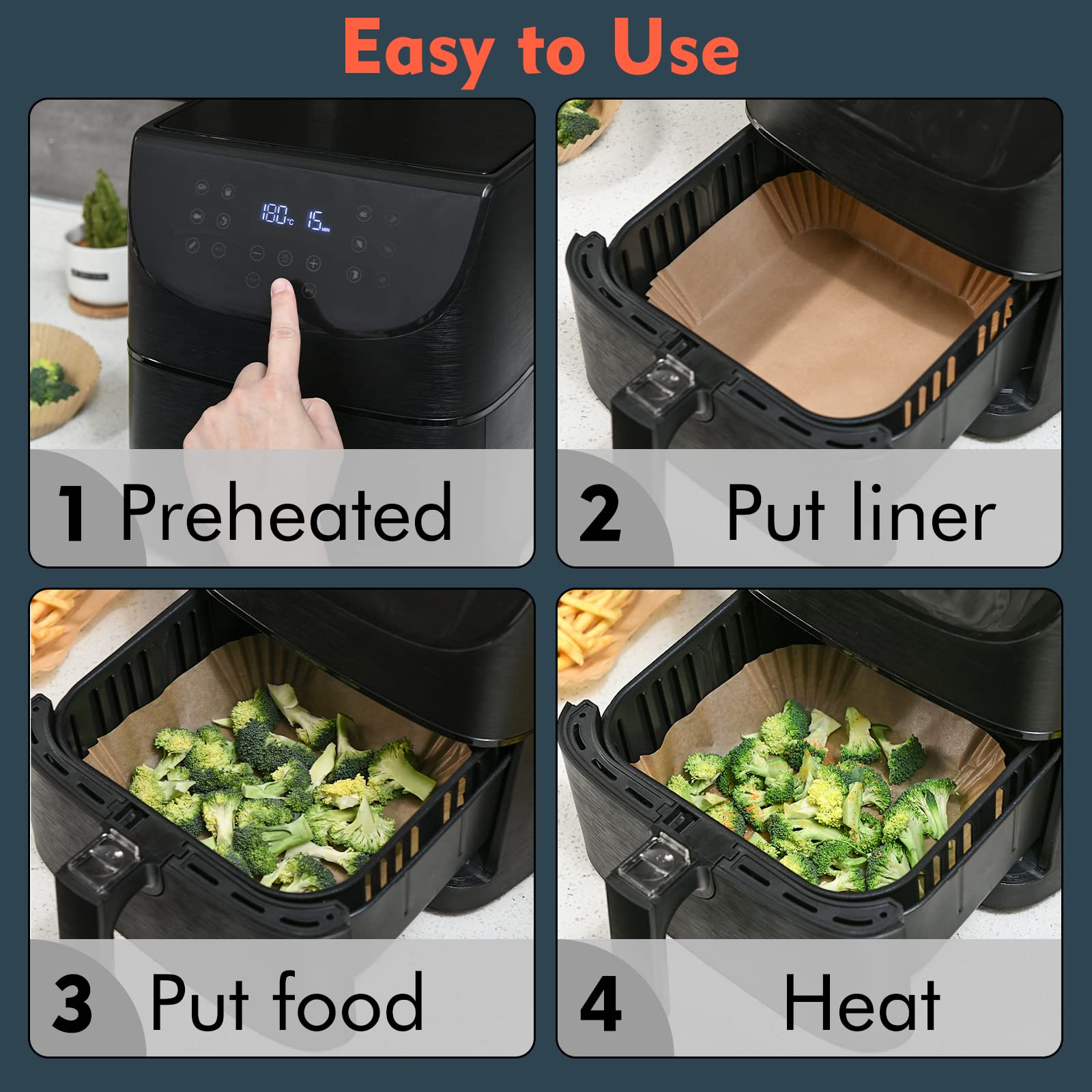 3-Size Disposable Air Fryer Paper Liners for COSORI Air Fryer Toaster Oven - 100Pcs Non-Stick Parchment Baking Sheets (9.1 Inch Square, Natural) - Perfect for Healthy Cooking & Easy Cleanup