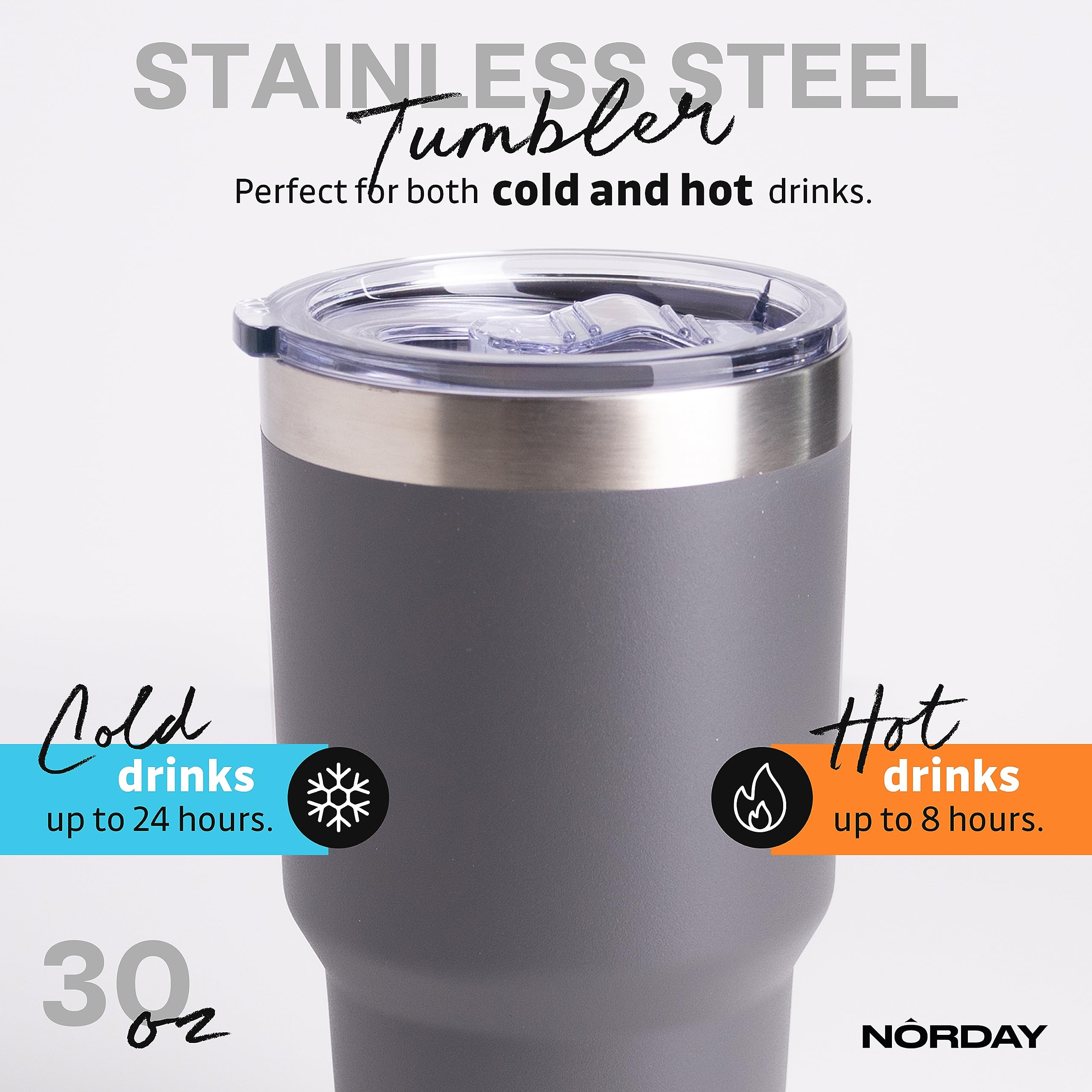 NORDAY 30oz Stainless Steel Tumbler with Lid - Grey Double Wall Vacuum Insulated Travel Mug - Keeps Drinks Hot/Cold for 24 Hours - Fits Car Cup Holder - Leak Proof Coffee Cup for Office, Gym, Camping & Road Trips