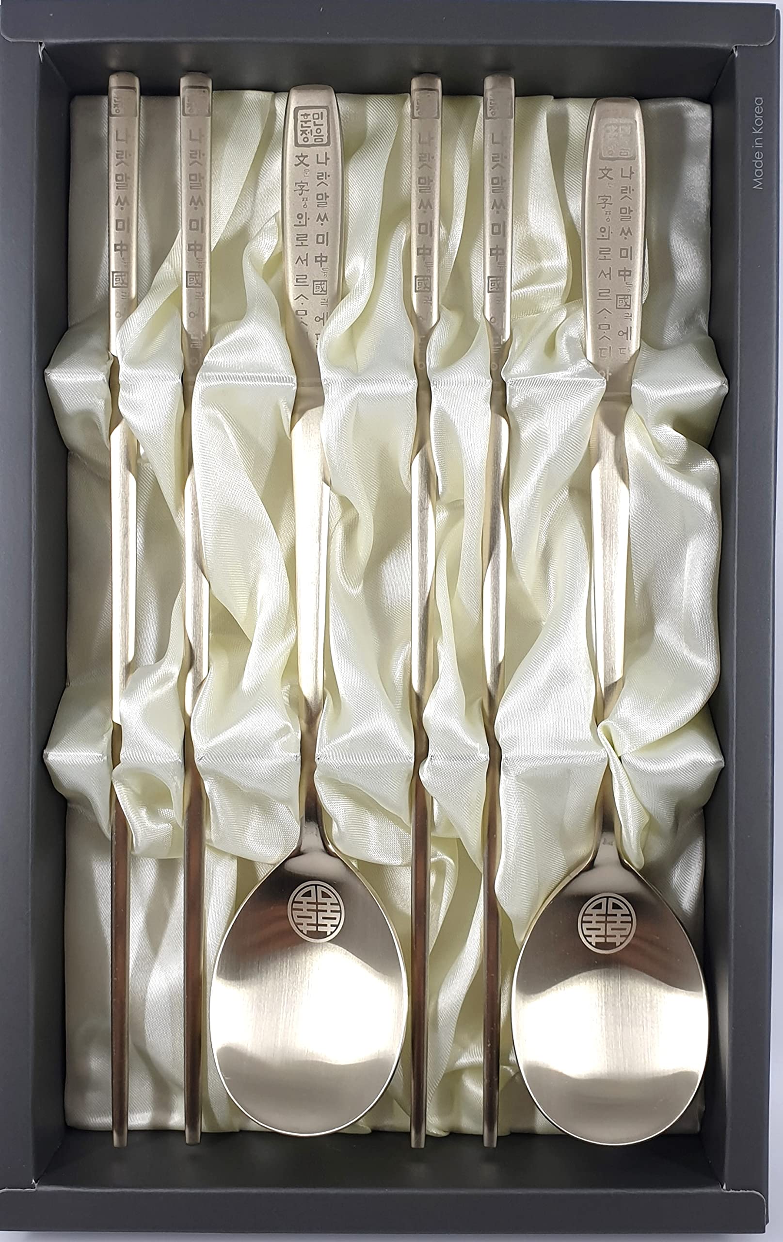 Premium Korean Metal Chopsticks and Spoon Set - Stainless Steel with Titanium Gold Plating & Hangul Characters - Perfect for Asian Dining, Gifts, and Home Decor
