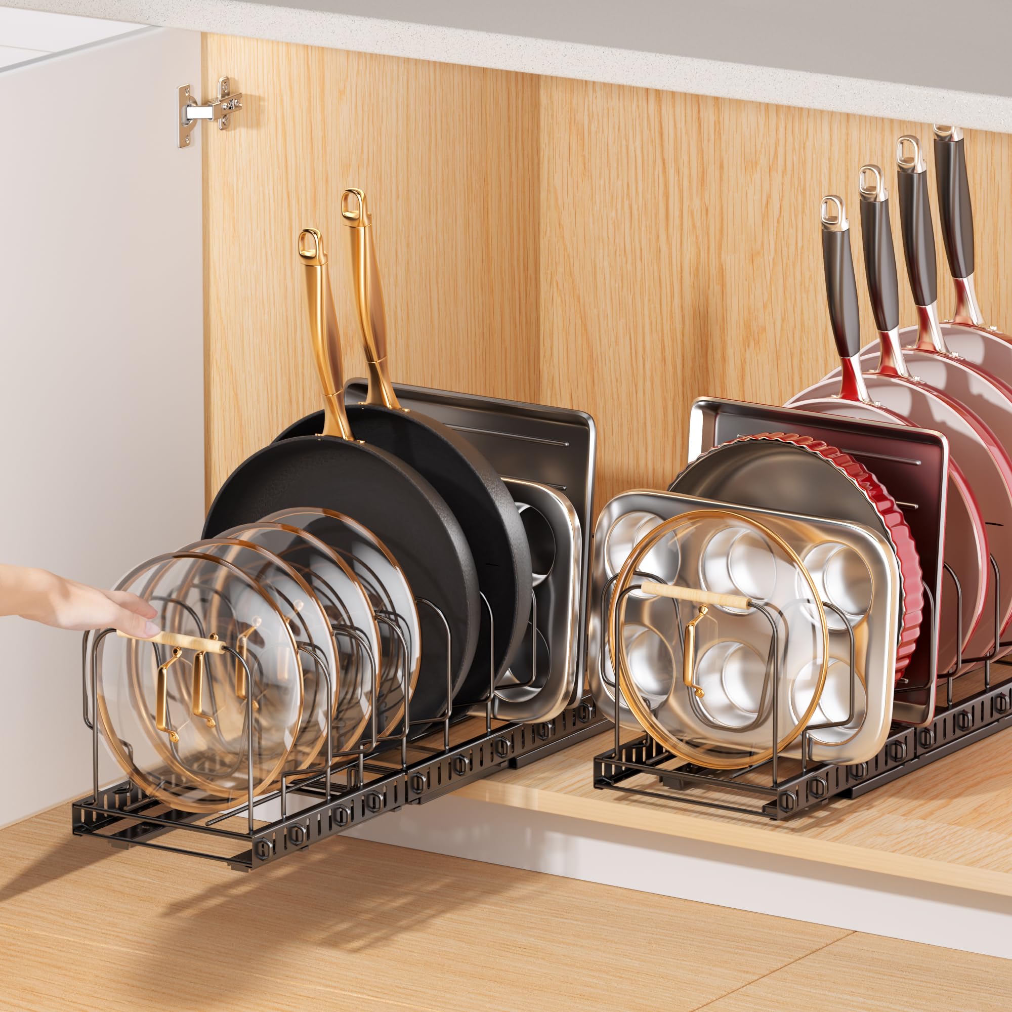 2-Pack Under Cabinet Pots and Pans Organizer with Adjustable Dividers & Handles - Space Saving Kitchen Storage for Cookware, Utensils & Cabinet Organization - Perfect for Small Kitchens & RV Cooking