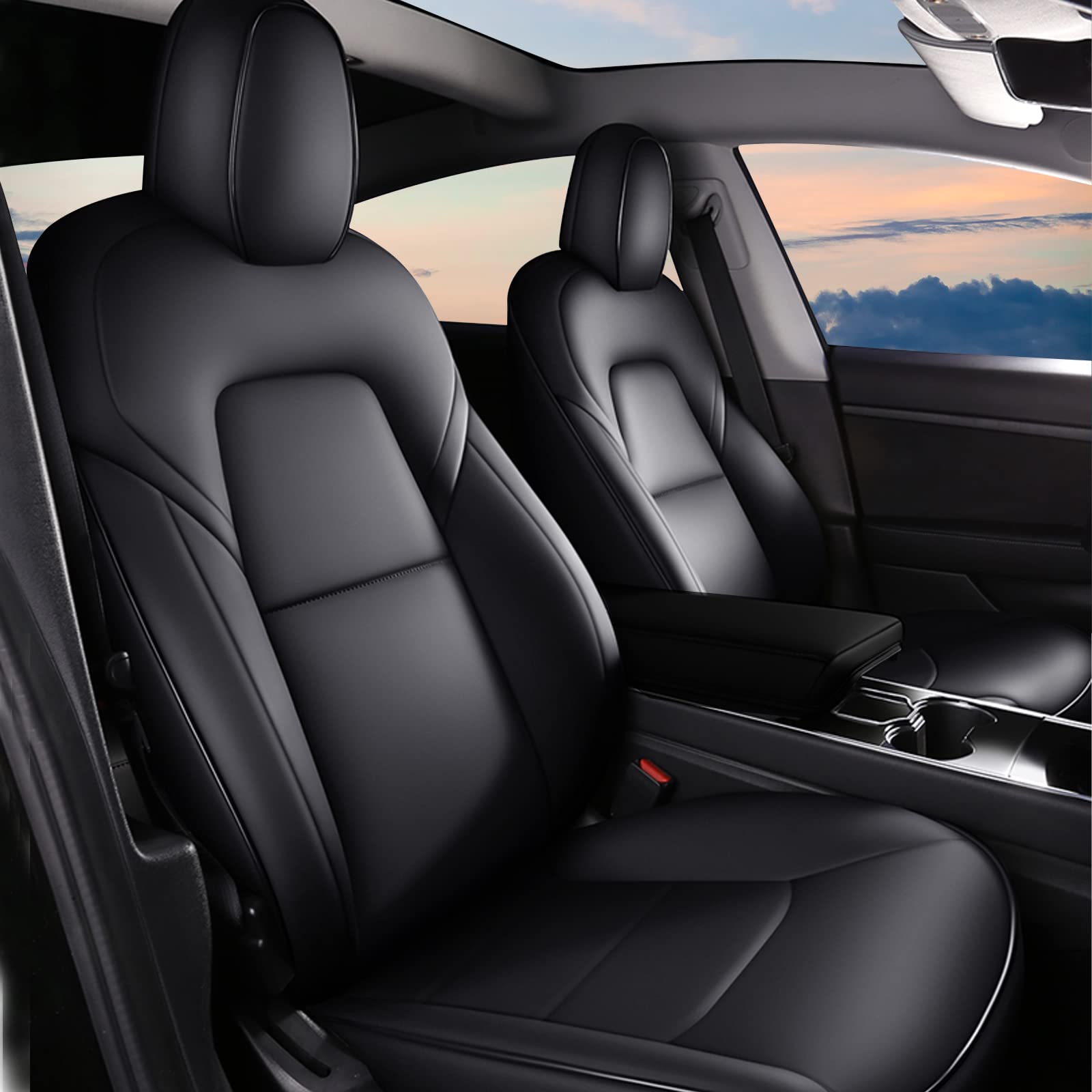 Premium Faux Leather Car Seat Covers for Tesla Model 3 (2016-2023) - Custom Fit Full Set with Center Console Cover - Black Seat Protectors for Comfort & Style - Perfect for Daily Commute, Road Trips & Family Protection