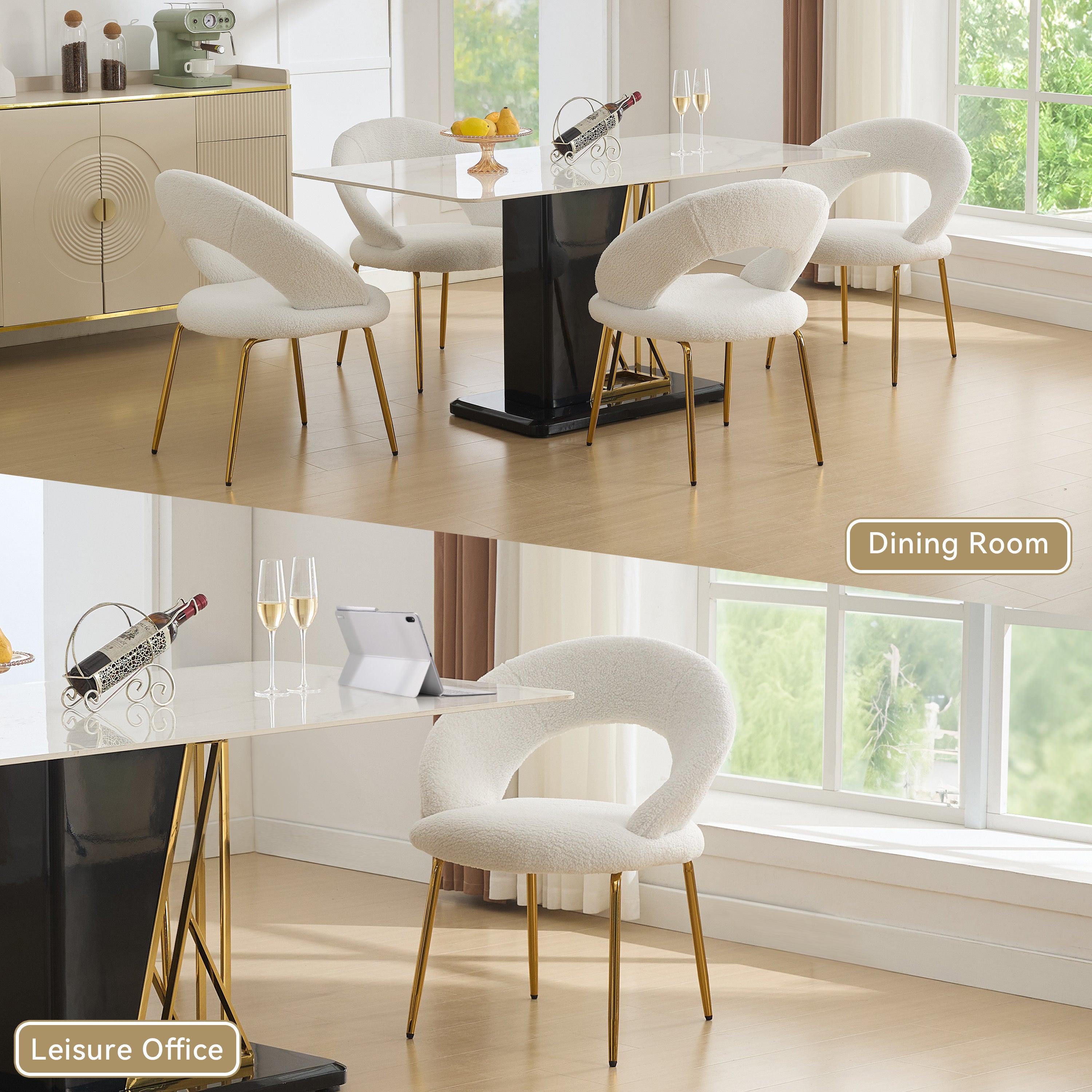 Teddy Fabric Dining Chairs Set of 1 - White Upholstered Kitchen Chairs with Curved Backrest & Gold Metal Legs for Dining Room, Breakfast Nook or Small Space Decor