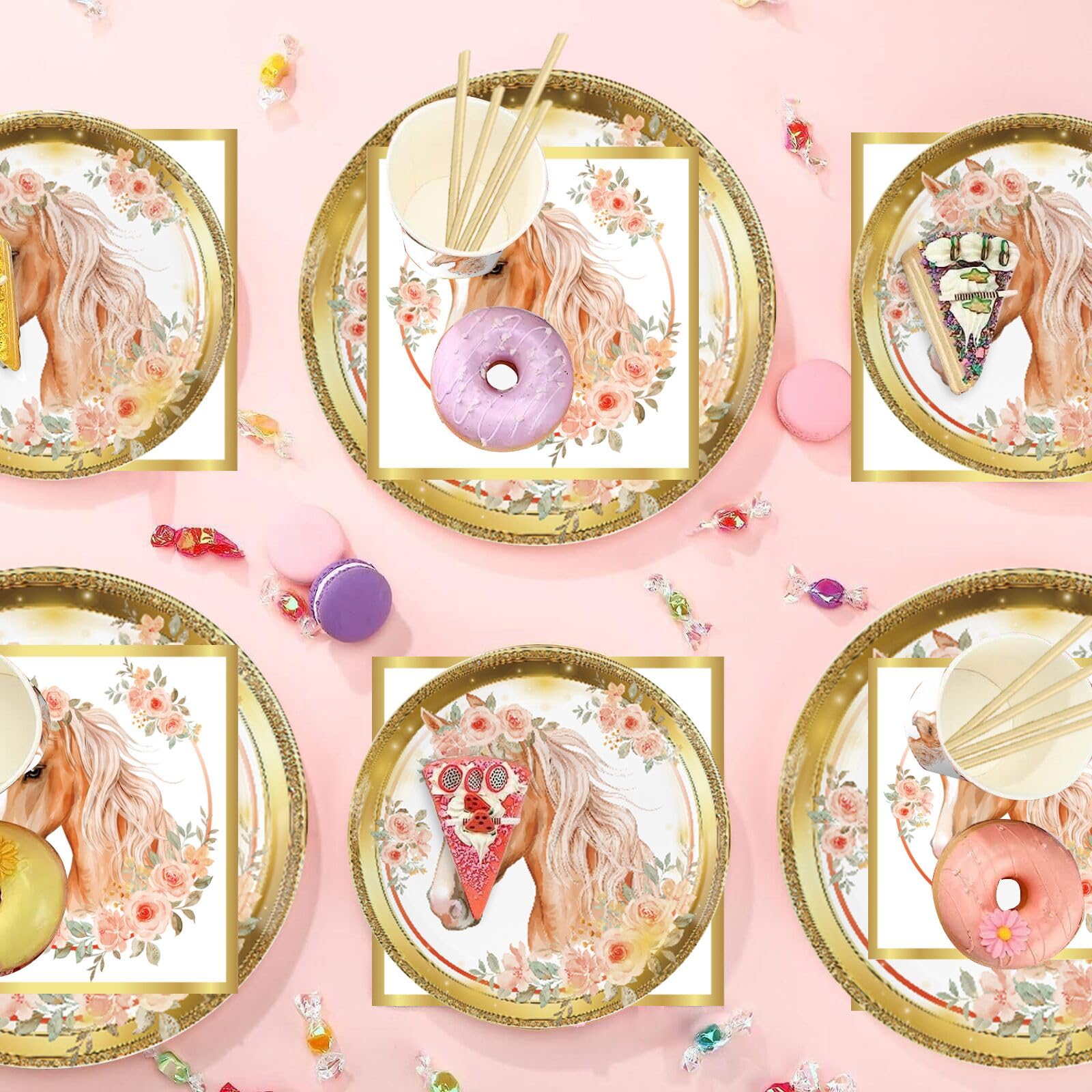 **Horse Birthday Party Supplies Set - Gold Horse Themed Plates, Cups, Napkins & Straws for Baby Shower & Birthday Decorations | Perfect for Kids' Parties & Themed Events**