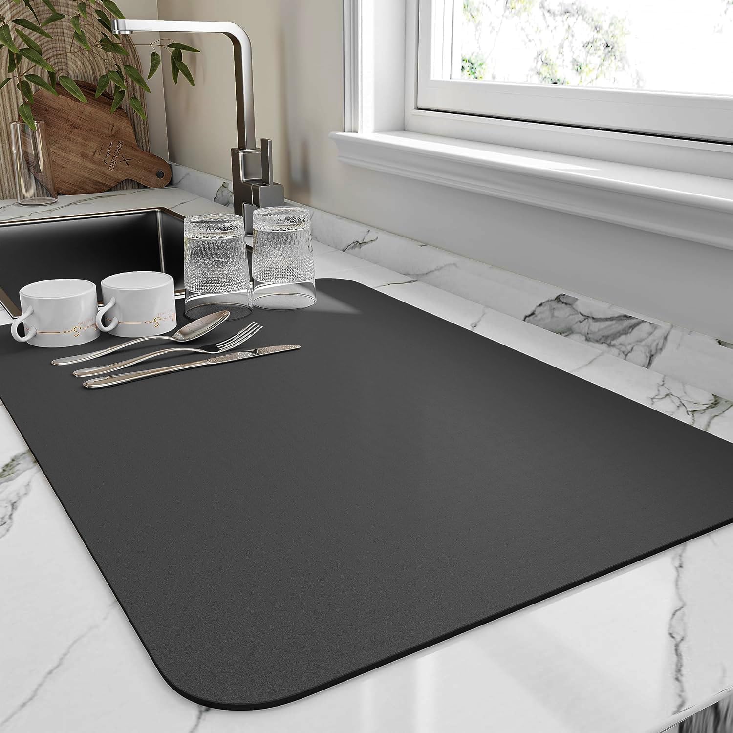 VRAJDHAM Premium Kitchen Dish Drying Mat - Super Absorbent, Non-Slip, Fast Drying for Utensils & Dishes (34 x 44 cm) - Perfect for Countertops, Sinks & Dish Racks - Black (Pack of 1)