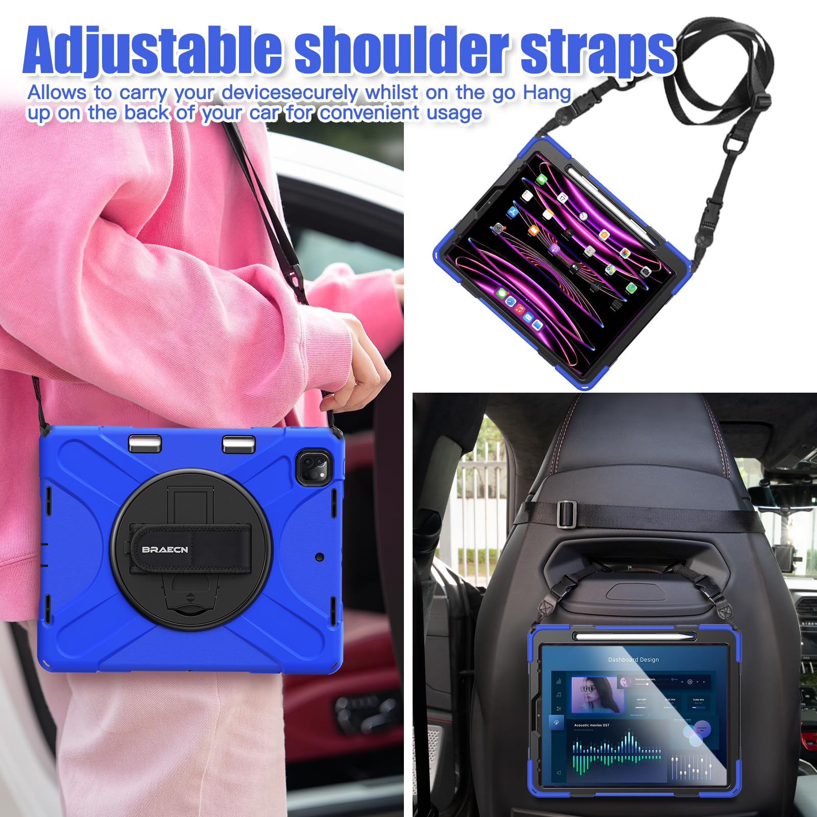 BRAECN Shockproof Protective Case for Apple iPad Air 13 inch & iPad Pro 12.9 inch (6th/5th/4th/3rd Gen) - Kids Friendly iPad Cover with Pencil Holder, 360° Rotating Stand, Hand Strap & Shoulder Strap in Blue - Perfect for School, Travel & Home Use
