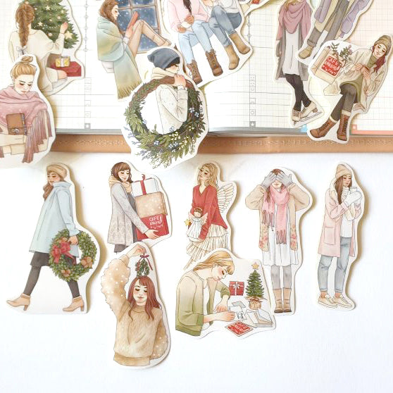 Cafe Analog X Windry R Mistletoe Girls Stickers in Tin - Vintage Holiday Decals for Scrapbooking, Laptops & Gift Wrapping