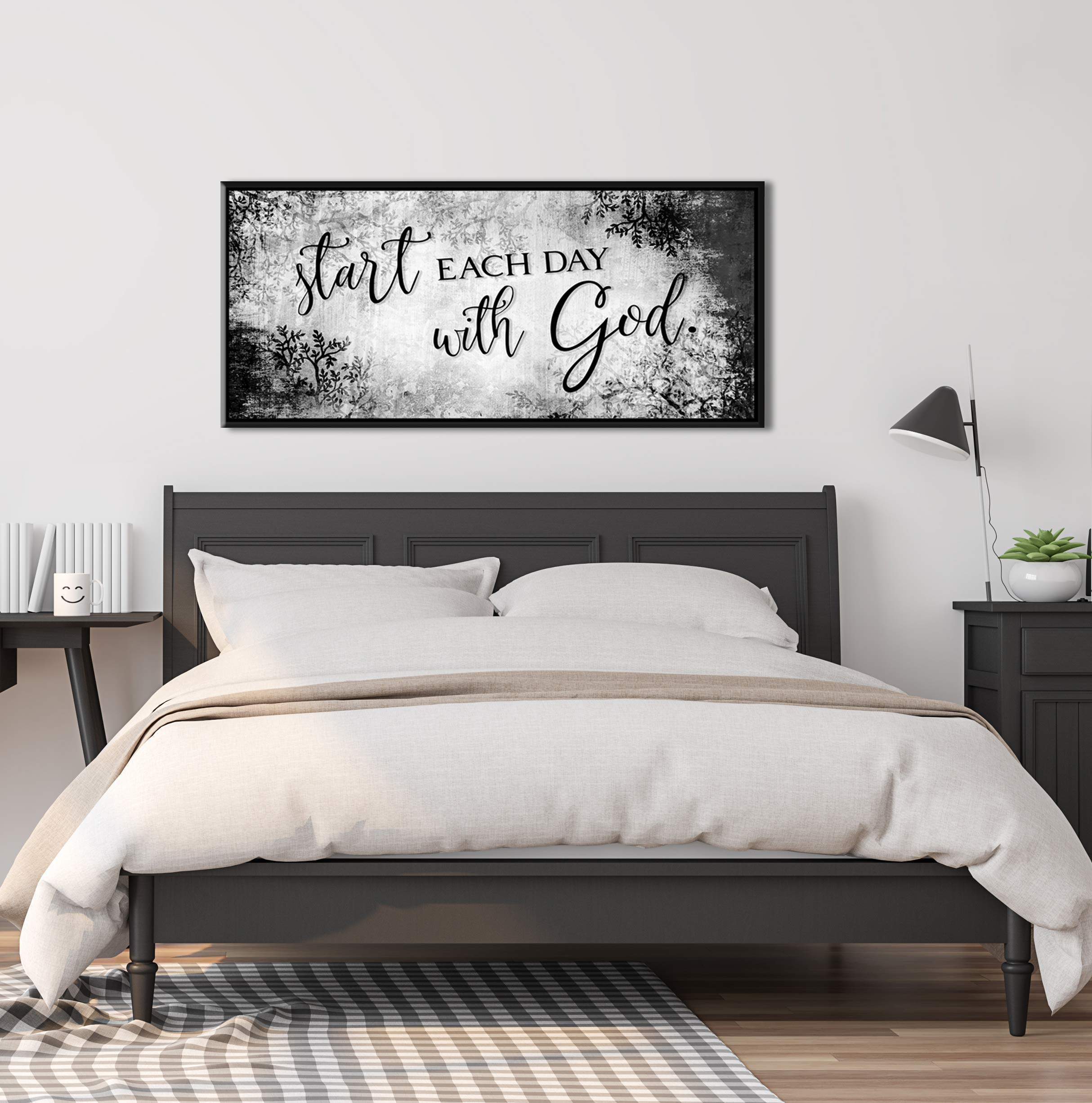 Start Each Day With God - Inspirational Religious Wall Decor with Grey Black Floating Frame 42x19, Positive Quotes for Bedroom, Living Room & Office Spiritual Room Decor