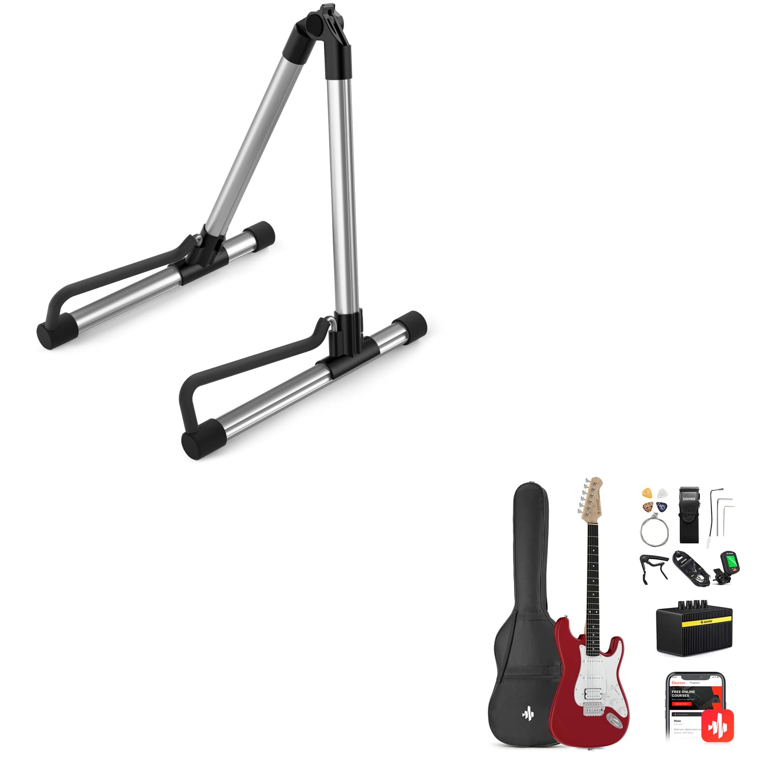 Donner DST-100R Electric Guitar with DS-1 Stand – Full Size Beginner Guitar Kit for Rock, Blues & Practice | Perfect for Home, Studio & Stage Performances