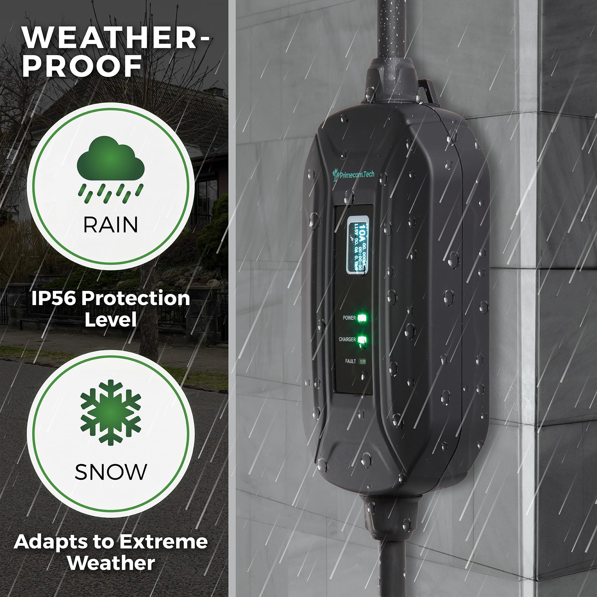 PRIMECOM Level 2 EV Charger 16A 240V - Portable Smart Car Charger for Home & Travel (30ft)