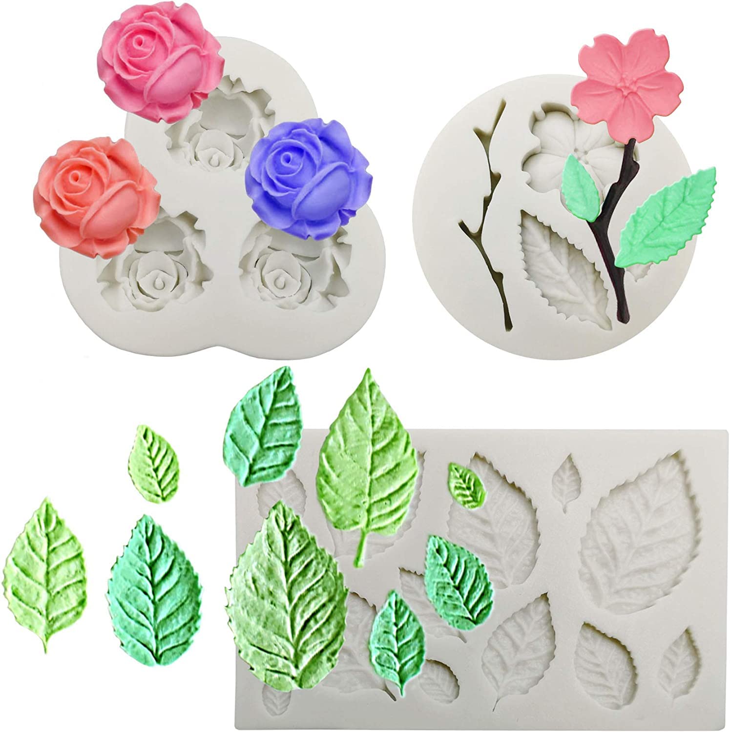 3-Piece Flower Fondant Cake Molds Set - Mini Silicone Rose, Peach Blossom & Leaf Molds for Chocolate, Candy Making, Cake Decorating, Cupcake Toppers & Polymer Clay Crafts | Perfect for DIY Baking, Wedding Cakes, Birthday Parties & Home Decor