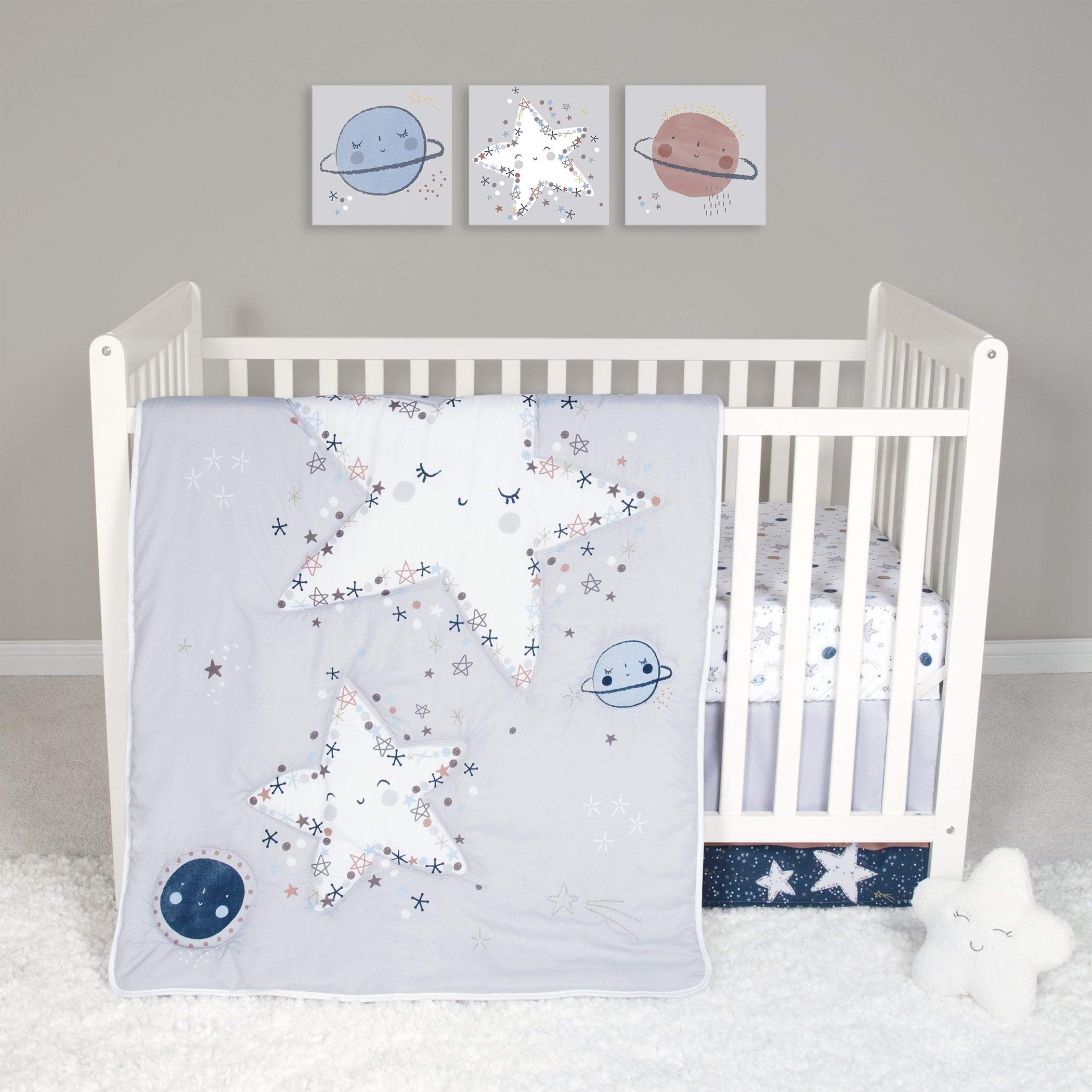 Starlight 4-Piece Crib Bedding Set - Soft Grey Space-Themed Nursery Set with Microfiber Sheets | Perfect for Baby Showers & Gender-Neutral Nursery Decor