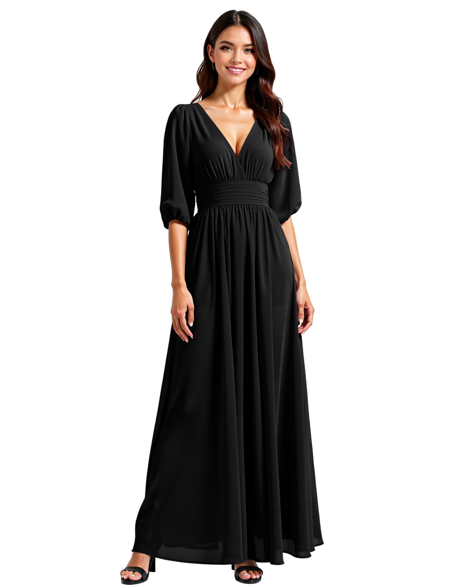 JAEDEN Elegant Chiffon Bridesmaid Dresses 2025 - Long V-Neck Half Sleeve Formal Gown for Weddings, Parties & Special Occasions
