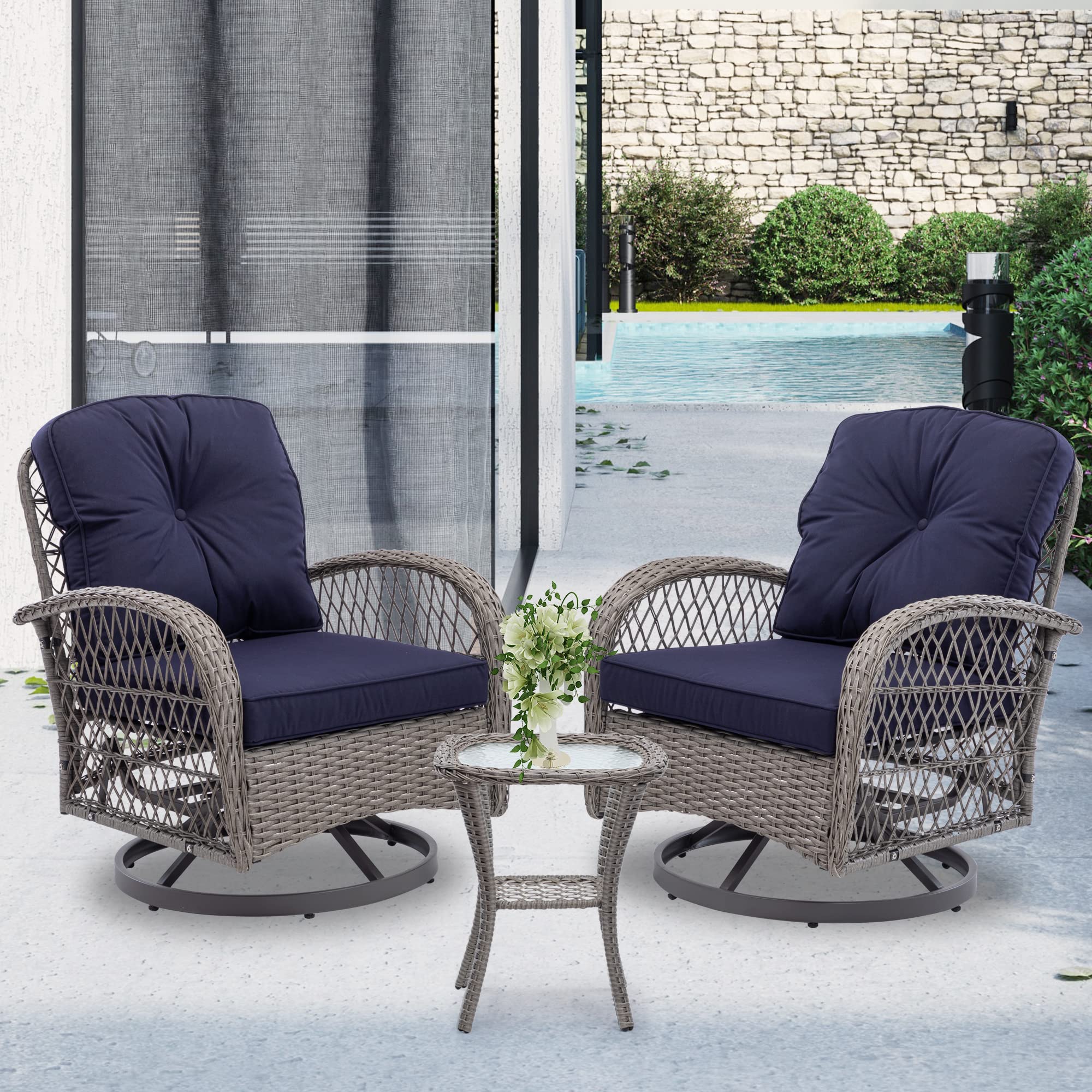 360° Swivel Patio Chairs Set - 3-Piece Outdoor Rocking Bistro Table & Chairs with Rattan Wicker Design & Cushions - Perfect for Front Porch, Garden, Deck and Backyard Relaxation