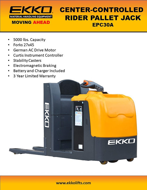 Ekko EPC30A Electric Pallet Jack - 5000 lbs Capacity, Center Controlled Rider Pallet Truck for Warehouse & Industrial Use - Perfect for Loading, Unloading & Material Handling in Tight Spaces