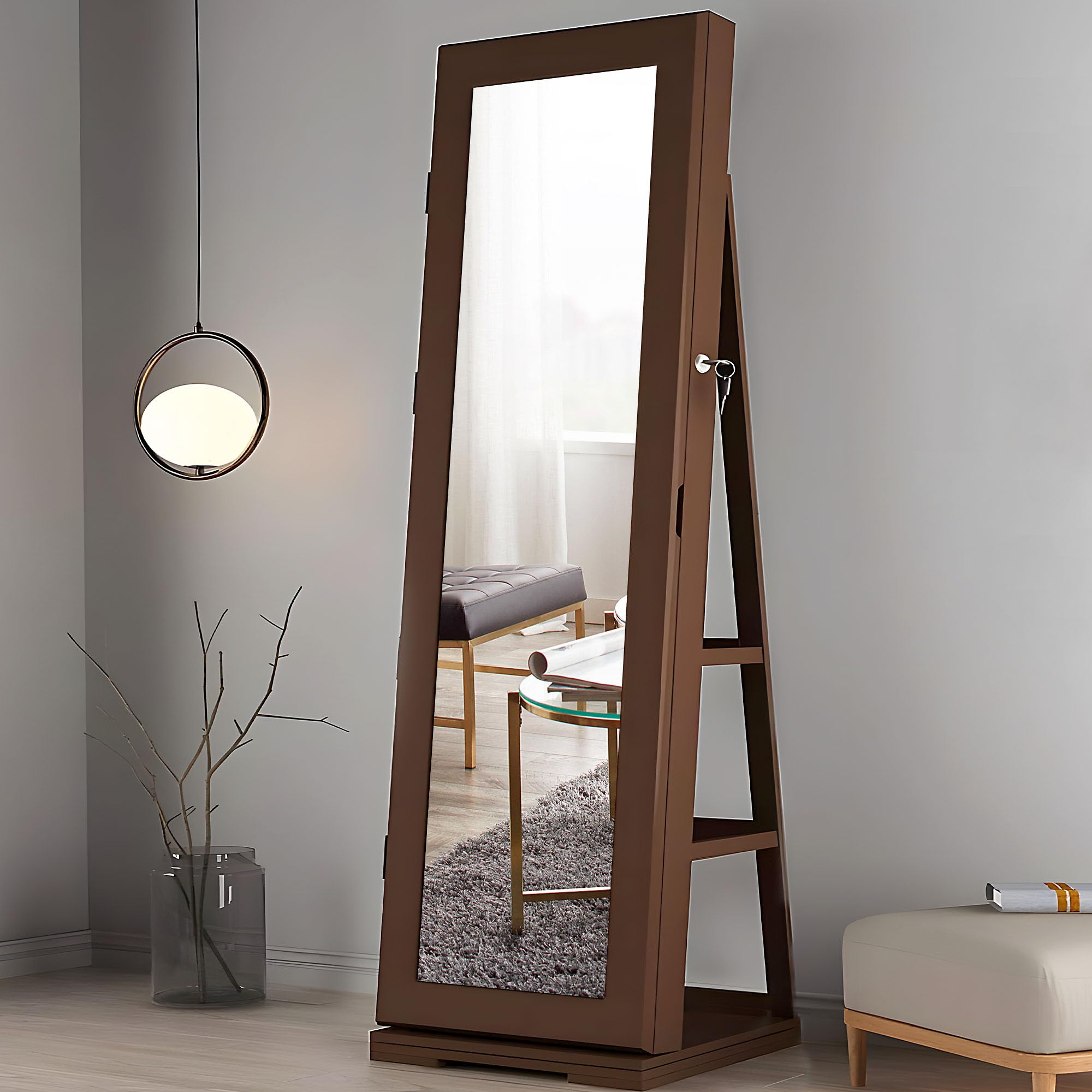 DlandHome Lockable Jewelry Cabinet with Full-Length Mirror - Jewelry Organizer with Storage Shelves & Built-in Small Mirror - Jewelry Armoire for Bedroom, Closet & Dressing Room (Model QH-7021C-BW)