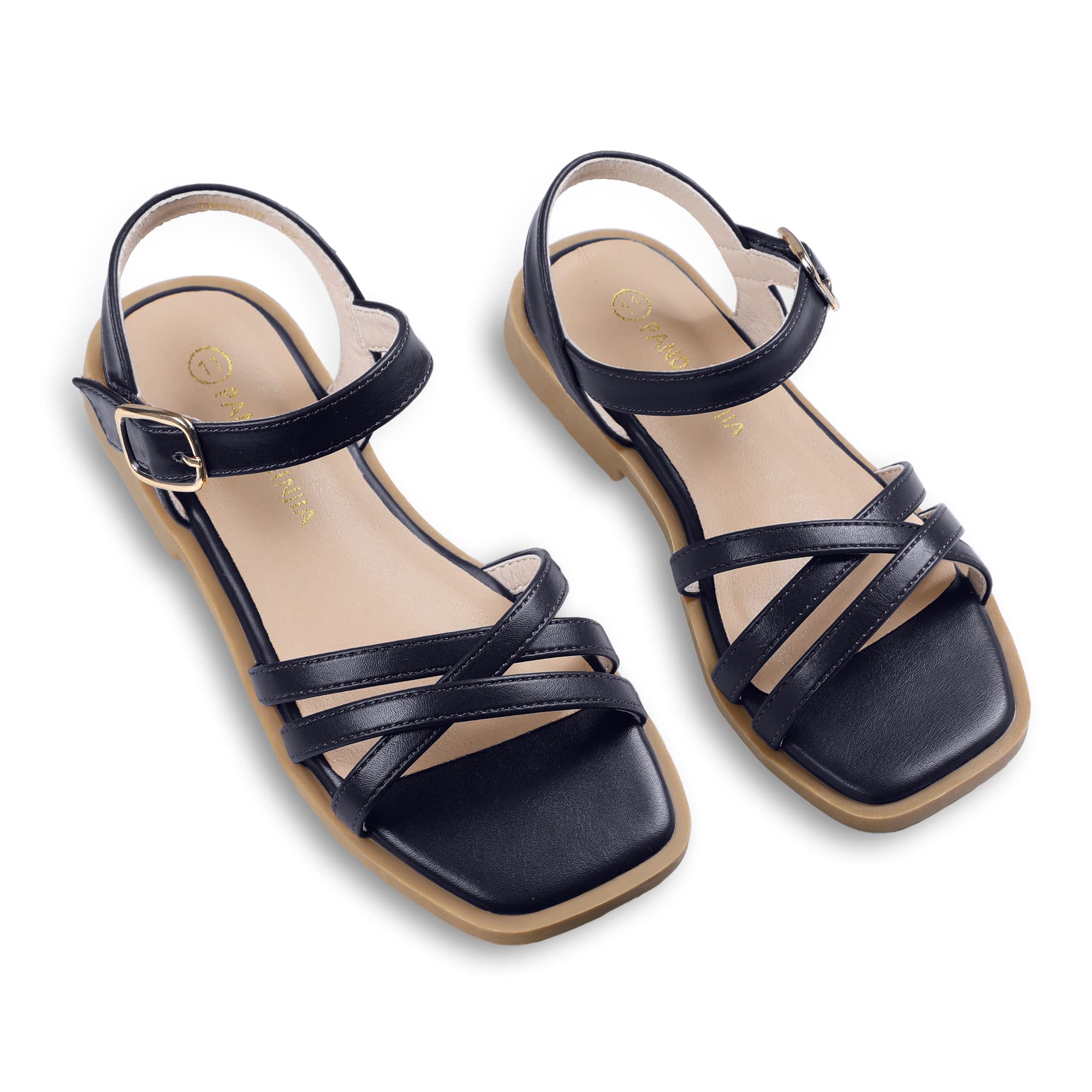 PANDANINJIA Girls Summer Sandals - Square Toe Dress Sandals for Toddler, Little Kid & Big Kid | Comfortable Flats for Beach, Party & Casual Wear