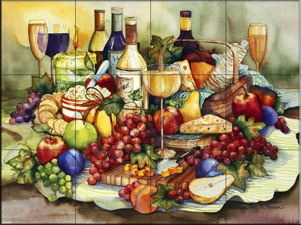 Ceramic Backsplash Tile Mural - Wine Themed Kitchen Decor - Kathleen Parr McKenna Artwork - Perfect for Wine Cellars, Tasting Rooms & Gourmet Kitchen Renovations