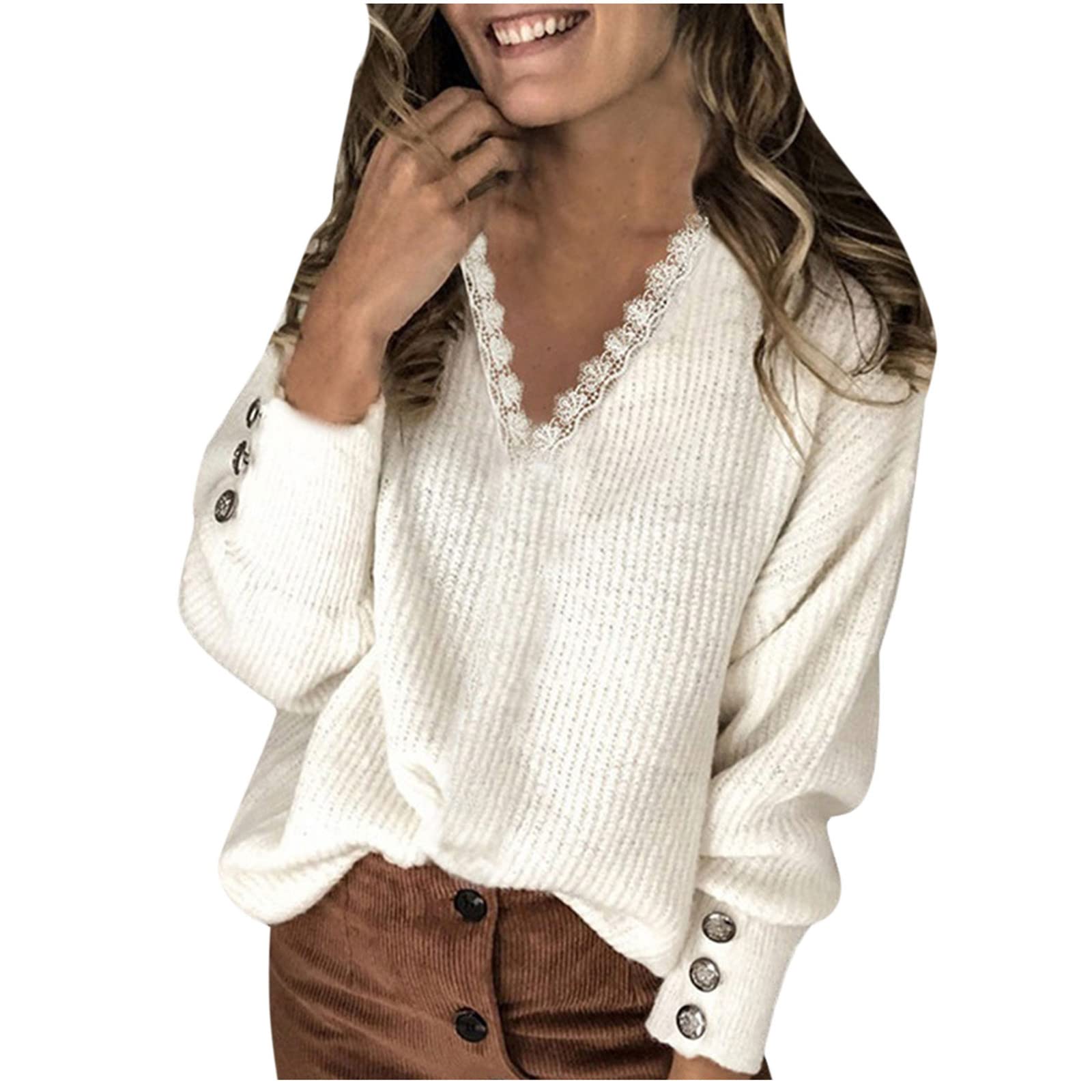 Sexy Lace V-Neck Tunic Tops for Women - Long Sleeve Button Down Blouse with Ribbed Details | Perfect for Fall Fashion, Date Nights & Casual Office Wear