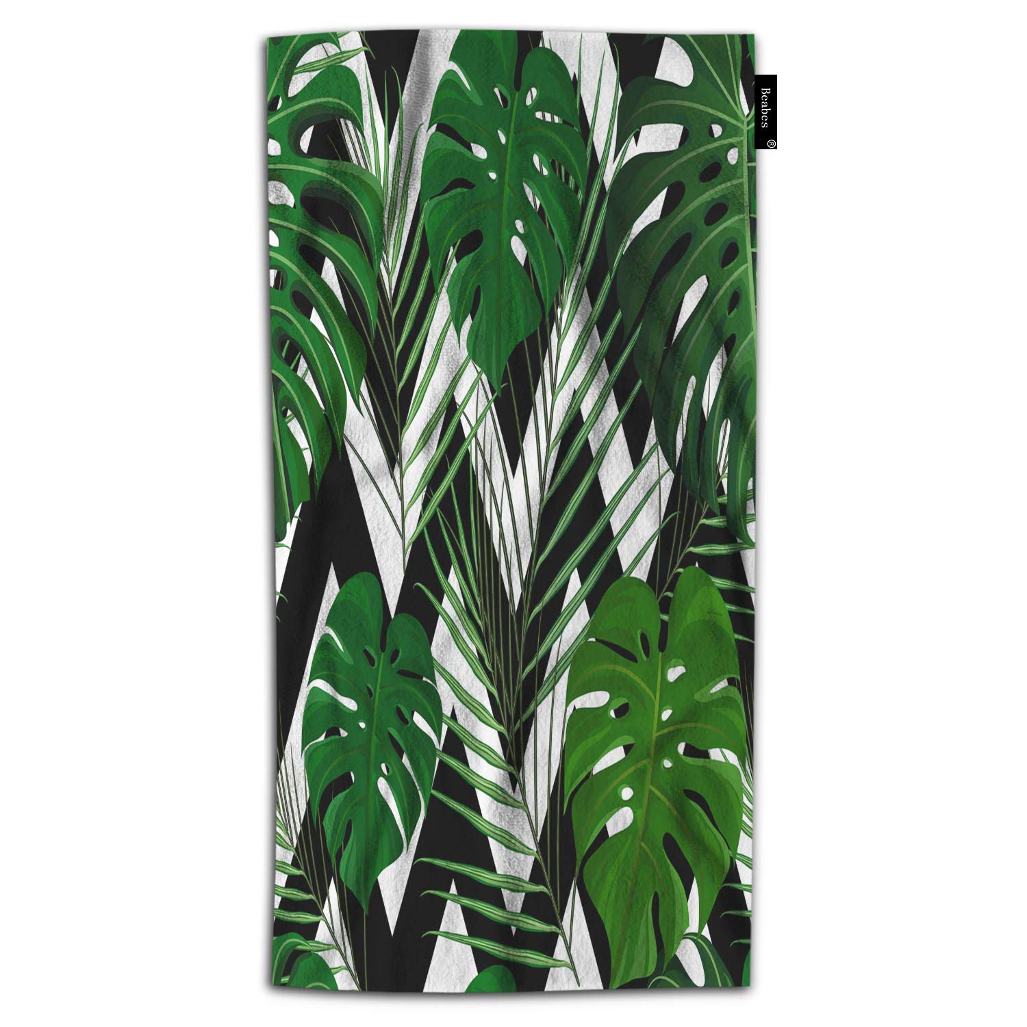 Beabes Tropical Palm Leaves Bath Towel - Super Soft Microfiber Polyester (64x32 Inches) for Bathroom, Beach & Travel - Green Exotic Design with White Black Zigzag Pattern - Perfect for Summer Holidays, Spa Days & Poolside Relaxation