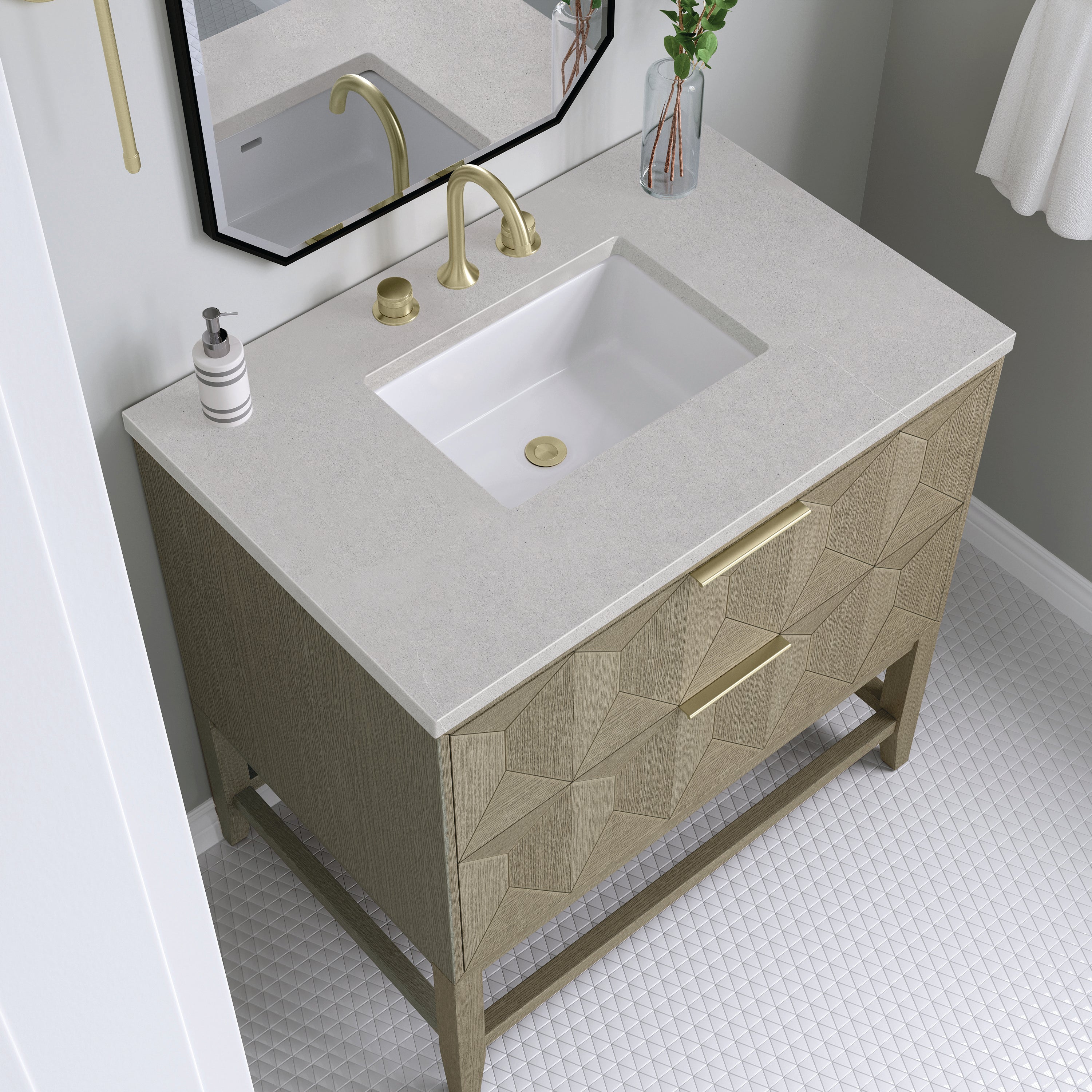 Emmeline 36-Inch Single Bathroom Vanity with Pebble Oak Finish & 3CM Eternal Serena Stone Top - Perfect for Modern Master Bathrooms and Powder Rooms