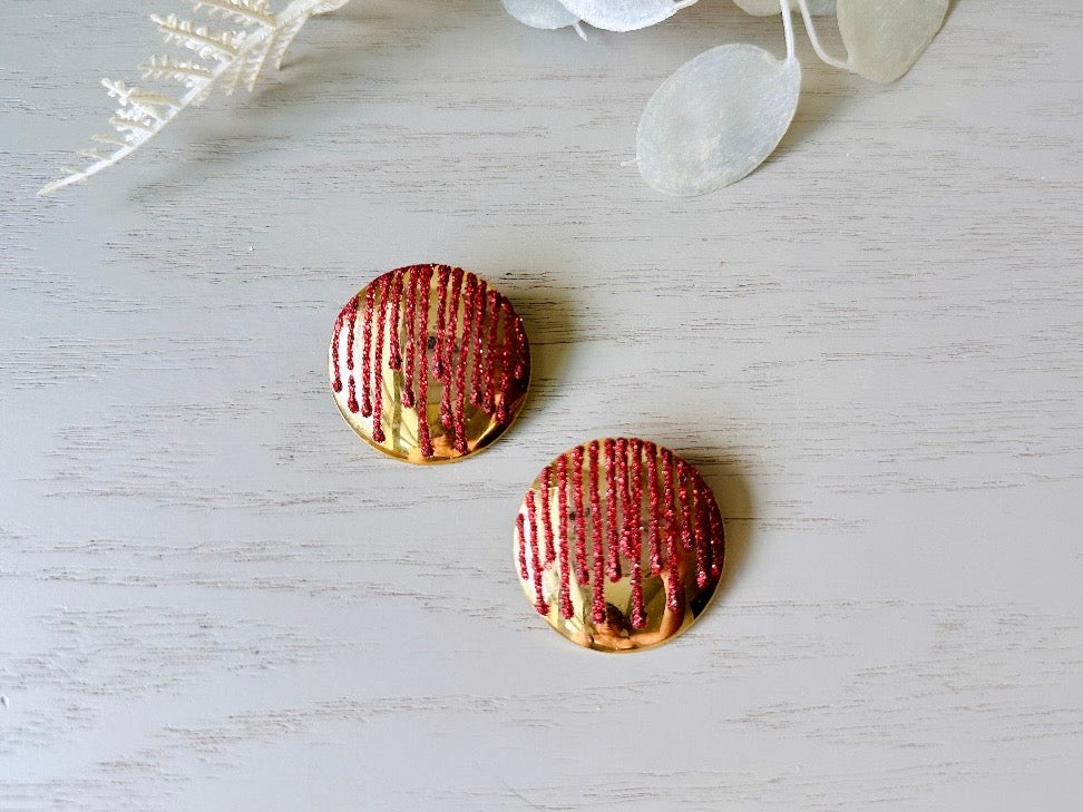 Vintage 1980s Red Glitter & Gold Pierced Post Earrings - Gold Disc Dangle Earrings with Dripping Glitter - Authentic VTG LA Rage Designer Jewelry - Perfect for Retro Parties, Costume Events & Vintage Fashion Lovers