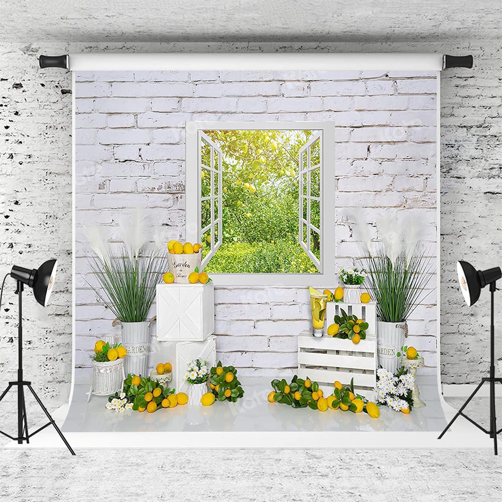 8x8ft Summer Lemon Brick Wall Photography Backdrop - Durable Fabric Photo Studio Background for Portraits, Baby Showers & Outdoor Photoshoots