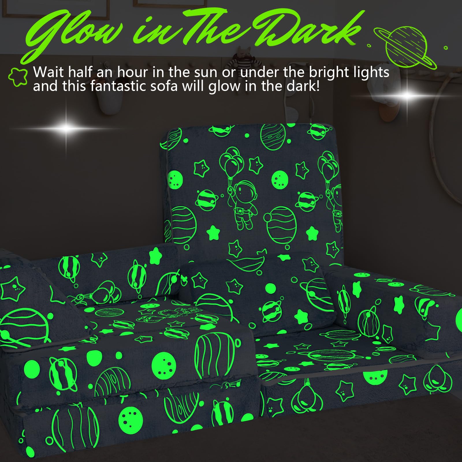 MeMoreCool Kids Couch - 10-Piece Modular Play Sofa for Boys & Girls | Foldable Playroom Furniture | Glow-in-the-Dark Space Theme | Perfect for Playrooms, Bedrooms & Daycare Centers