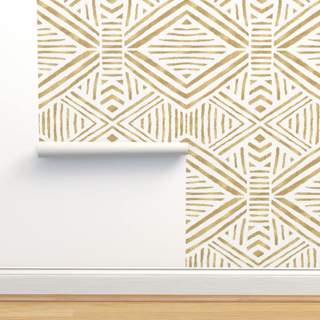 Boho Geometric Gold Geo Stripe Mod Diamond Removable Wallpaper 12ft x 2ft - Peel & Stick Self-Adhesive Wallpaper for Bedroom, Living Room, Nursery & Home Decor