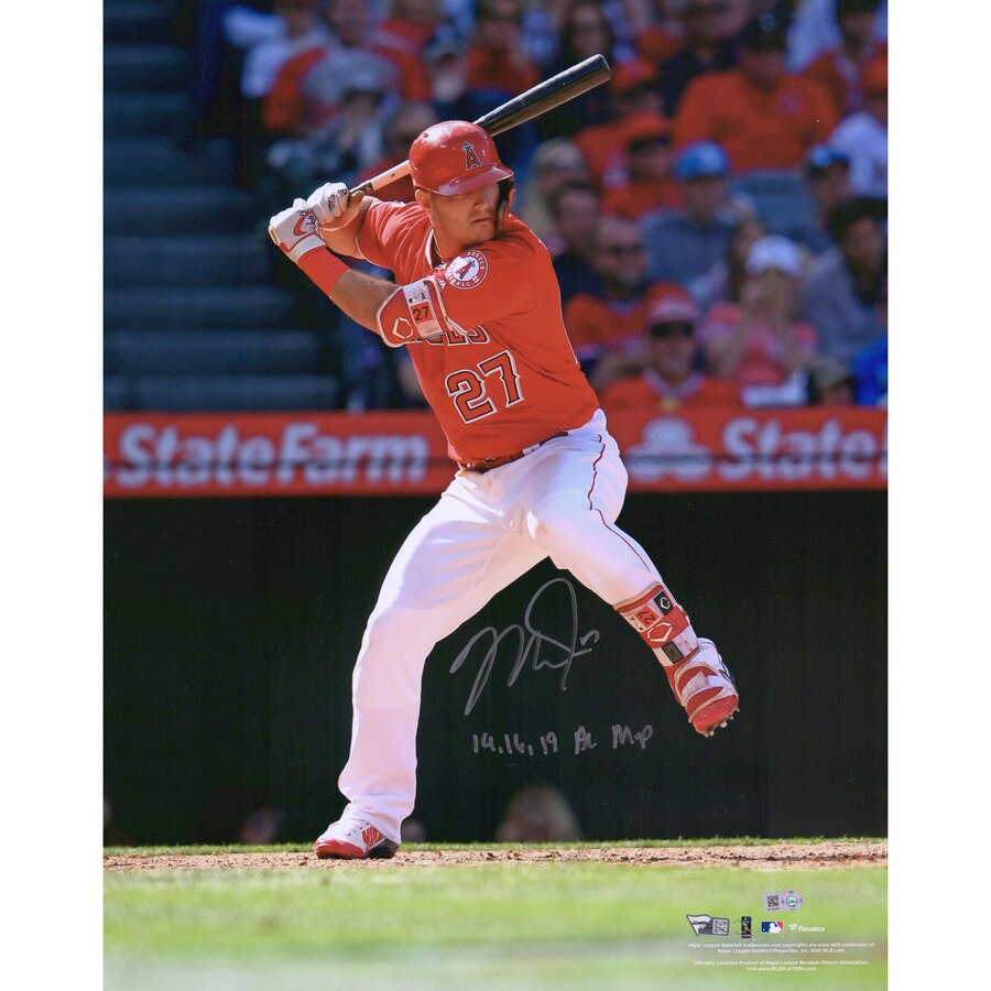 Mike Trout Los Angeles Angels Autographed 16x20 Hitting Photo - Fanatics Authentic with 14 16 19 MVP Inscription - Perfect for Baseball Memorabilia Collection & Sports Fan Cave Decor