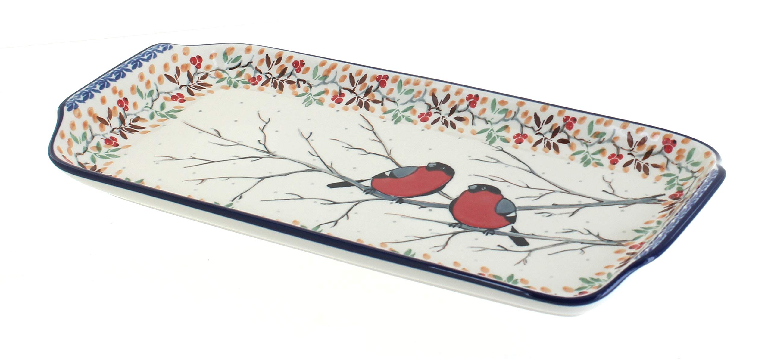 Handmade Blue Rose Polish Pottery Meadowlark Bread Serving Tray - Elegant Rustic Farmhouse Kitchen Decor for Bread, Pastries & Cheese Display